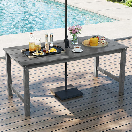HDPE Outdoor Dining Table for 6 Person with Wood-Like Tabletop and Umbrella Hole