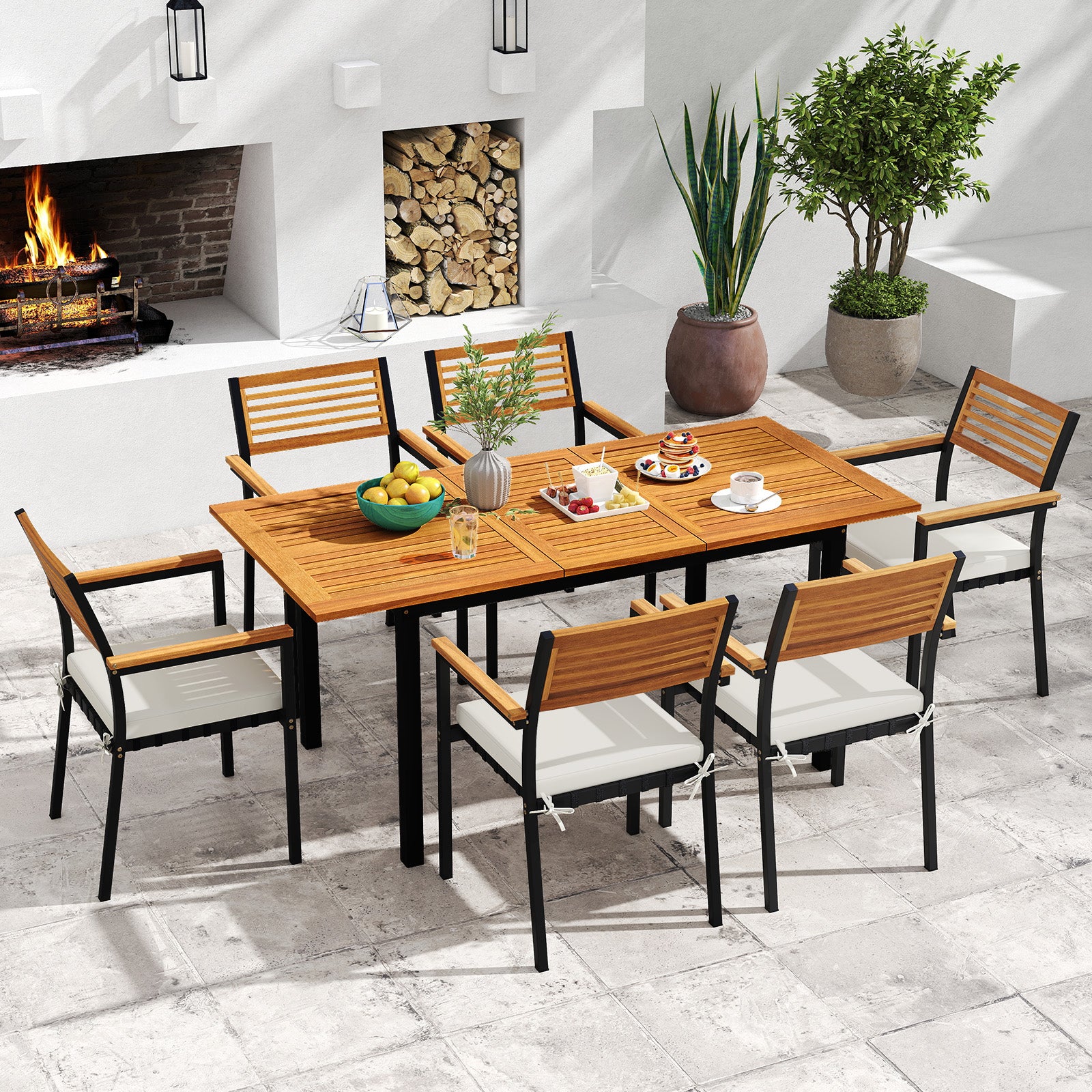 7-Piece Patio Dining Set Wood Metal with Seat Cushions and Umbrella Hole