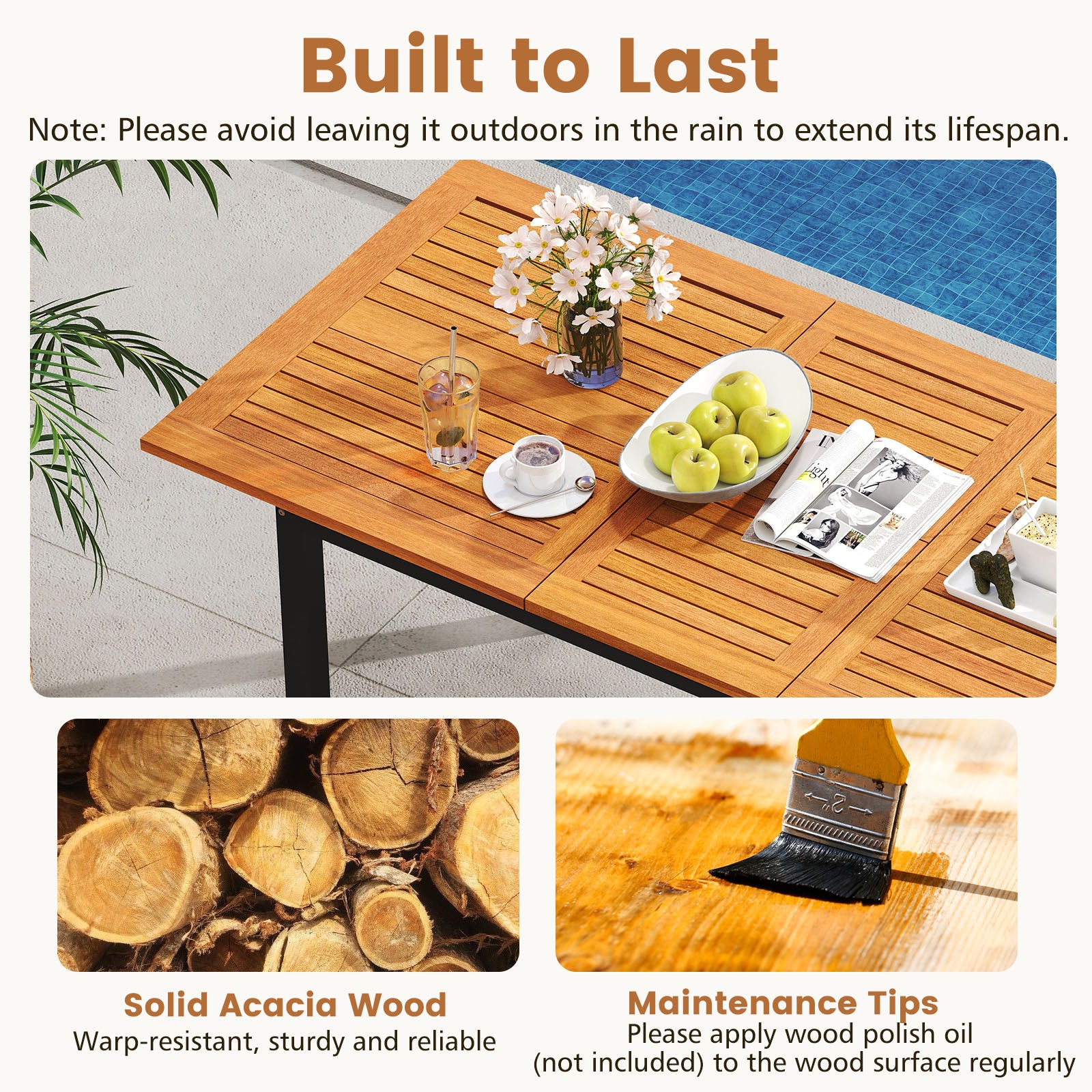 7-Piece Patio Dining Set Wood Metal with Seat Cushions and Umbrella Hole