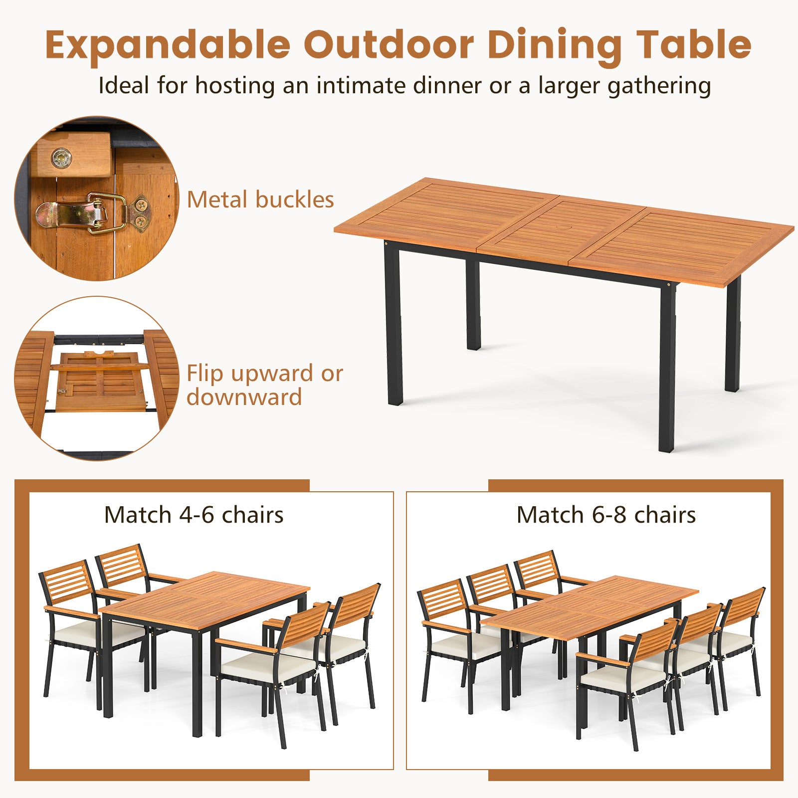 7-Piece Patio Dining Set Wood Metal with Seat Cushions and Umbrella Hole