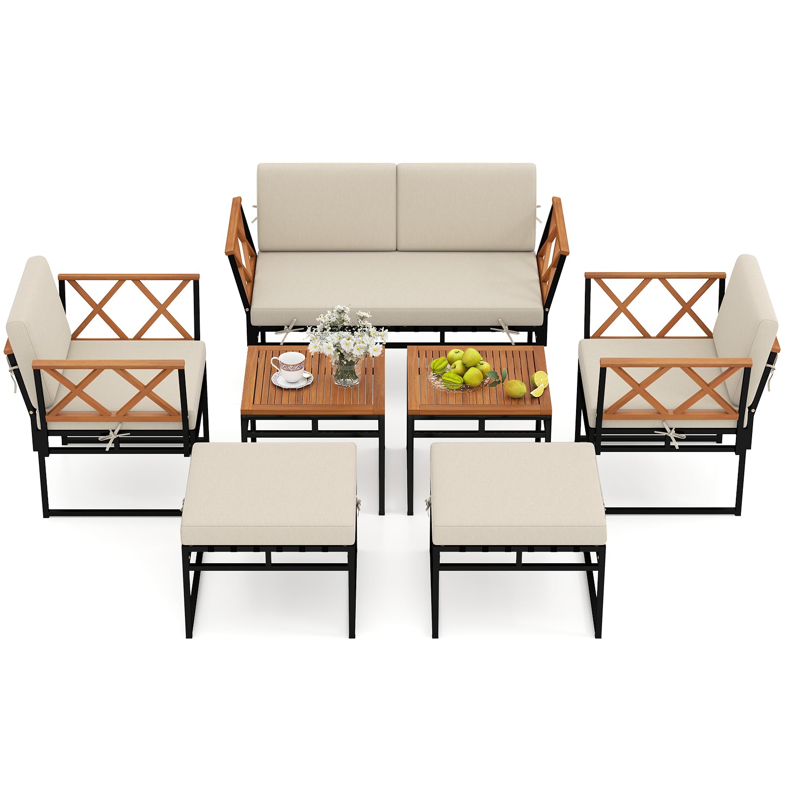 7 Piece Outdoor Conversation Set with Cushions and Bungee Rope Seat