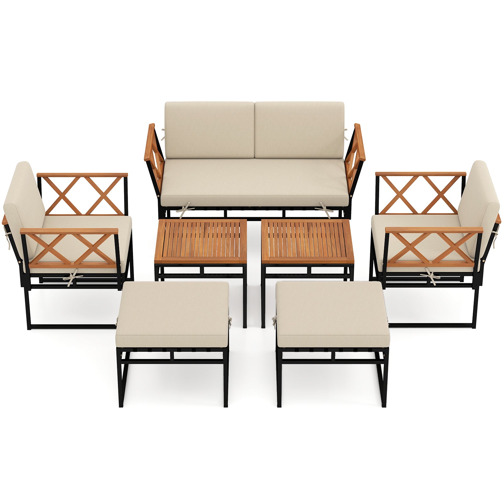 7 Piece Outdoor Conversation Set with Cushions and Bungee Rope Seat