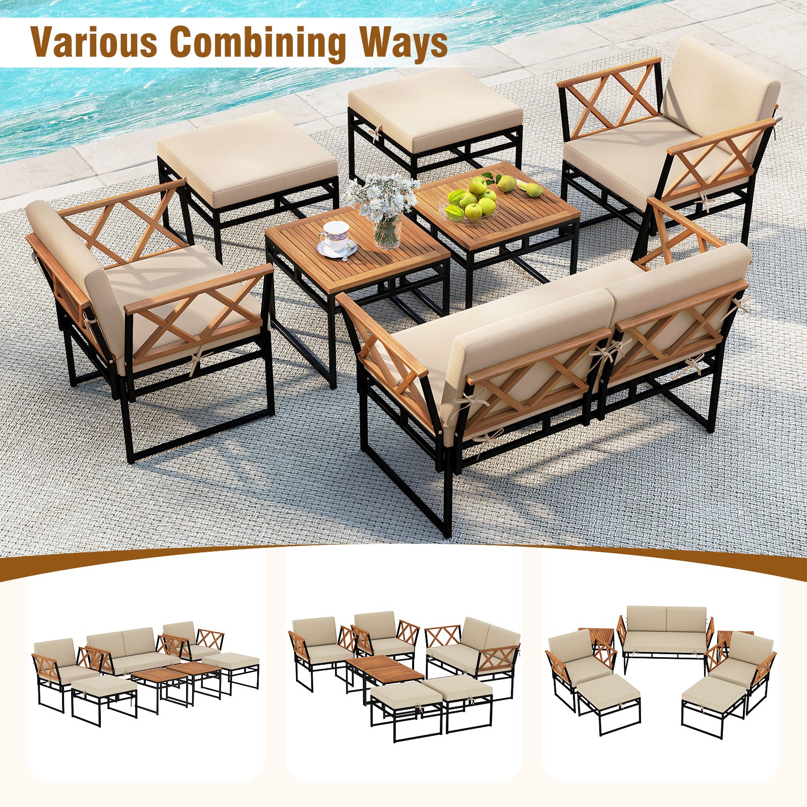 7 Piece Outdoor Conversation Set with Cushions and Bungee Rope Seat