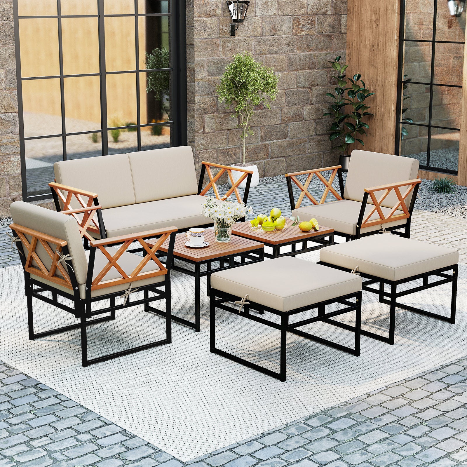 7 Piece Outdoor Conversation Set with Cushions and Bungee Rope Seat