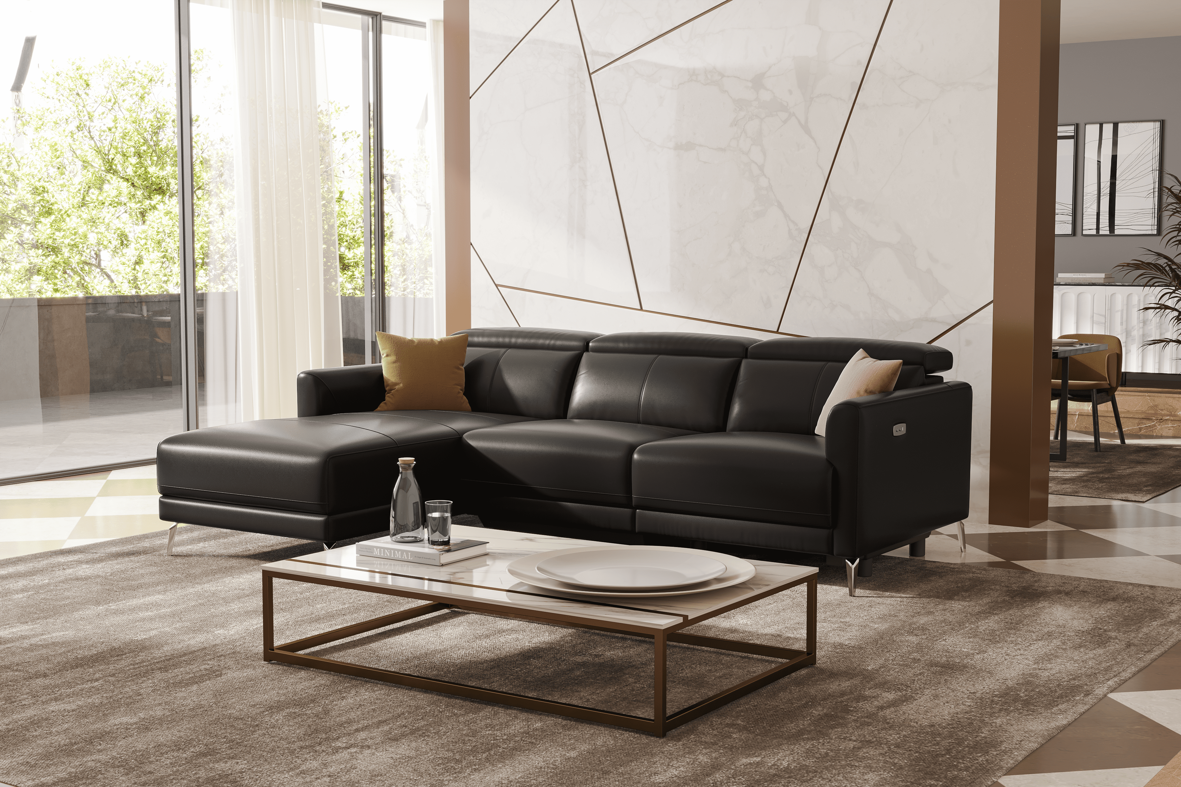 Valencia Andria Modern Left Hand Facing Top Grain Leather Reclining Sectional Sofa, Black Color