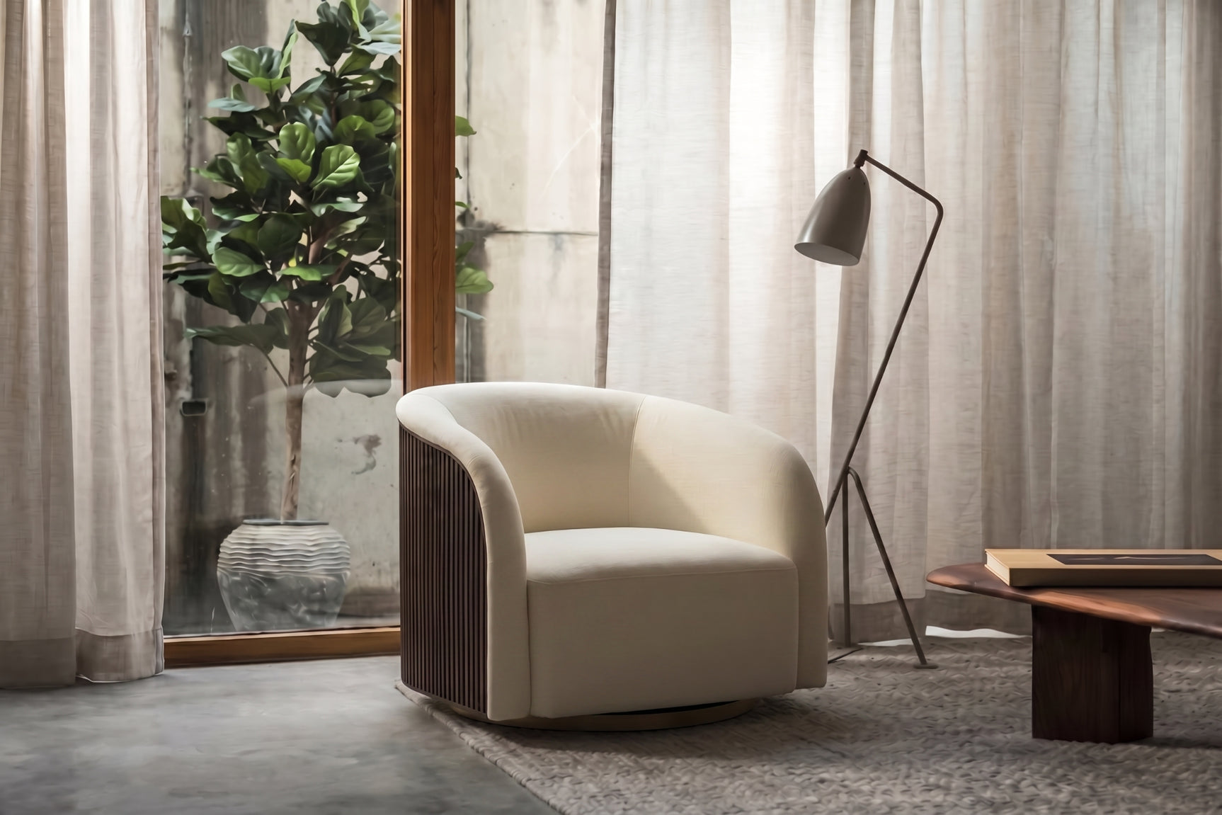 Rowan Oak Wood Fabric Swivel Chair