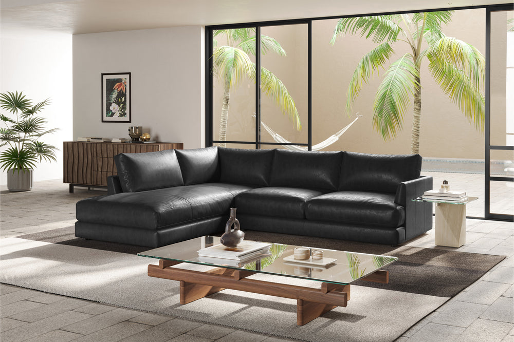 Valencia Serena Leather L-shape with Left Chaise Sectional Sofa, Black