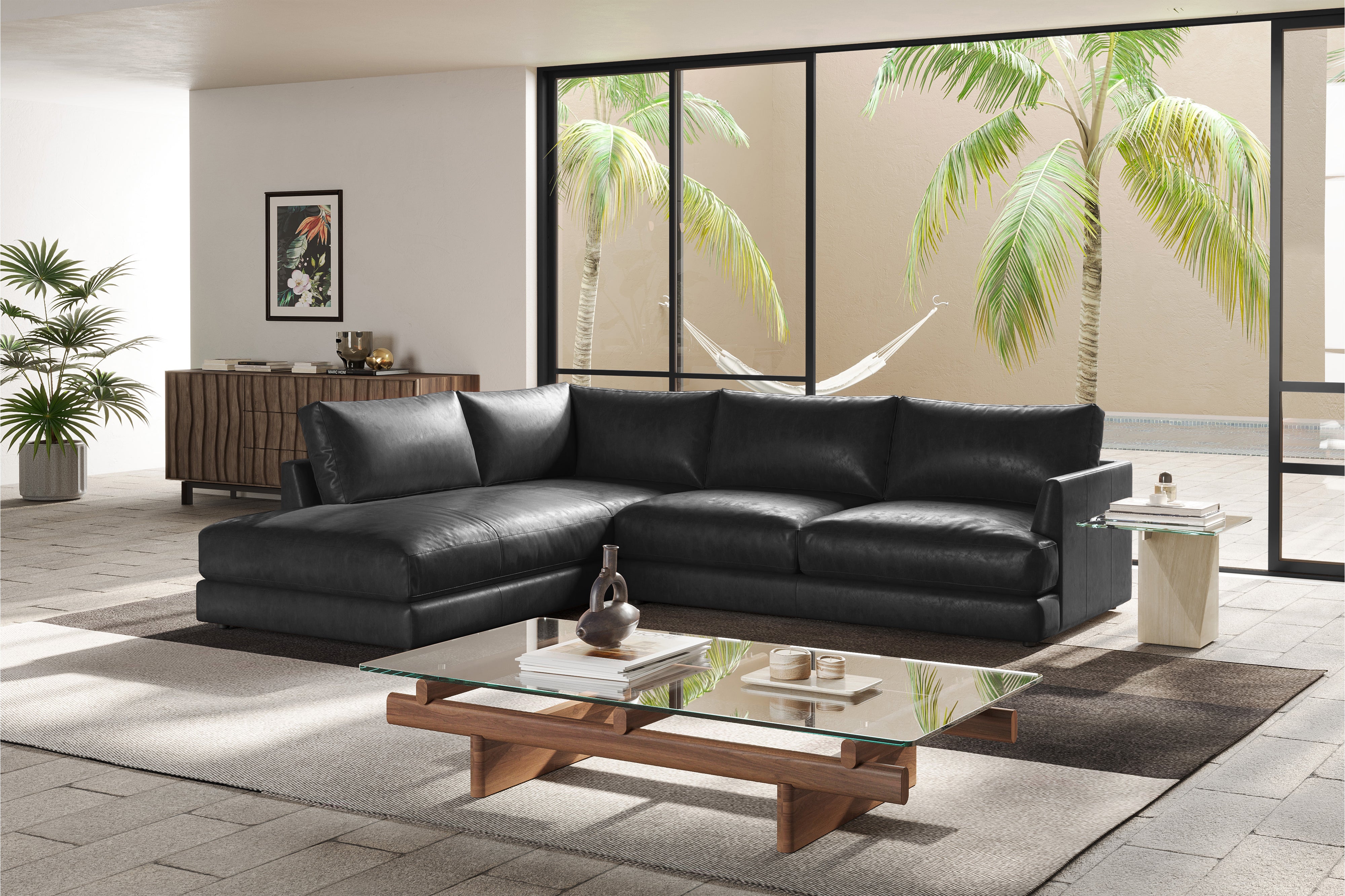 Valencia Serena Leather 2-Piece Left Bumper Chaise Sectional Sofa, Black