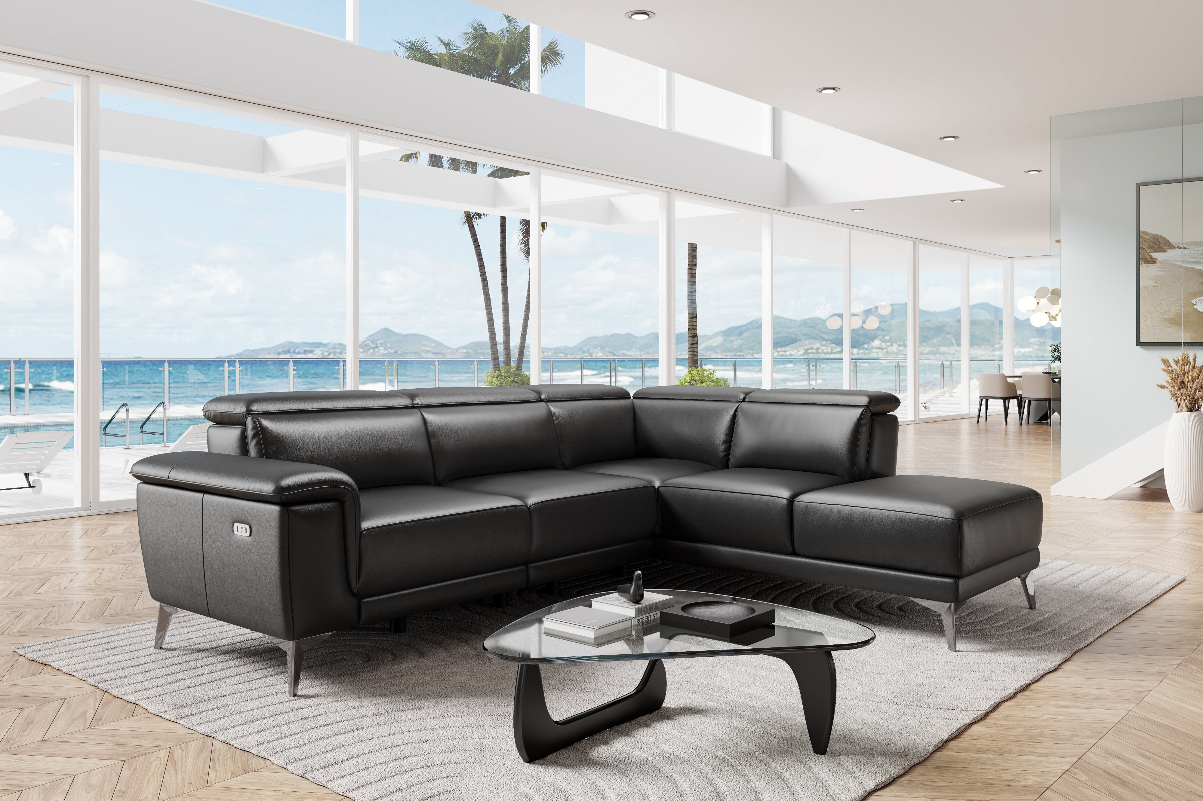 Valencia Pista Modern Top Grain Leather Reclining Sectional Sofa with Right-Hand Facing Chaise, Black