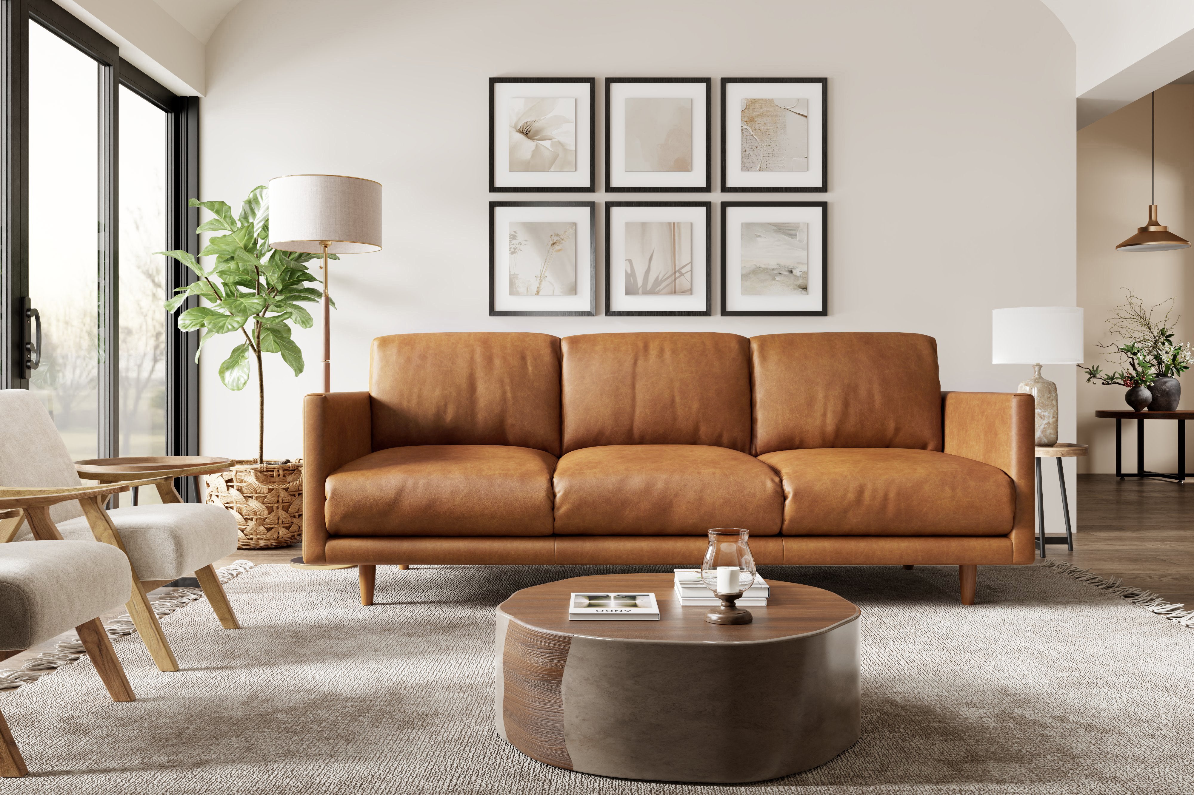 Valencia Toulon Leather Three Seats Sofa, Cognac