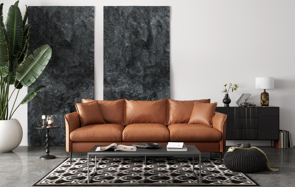 In a Living Room, There is Straight Front View of A Modern. Walnut Brown, Three Seats, Top-Grain Premium Leather Contemporary Sofa.
