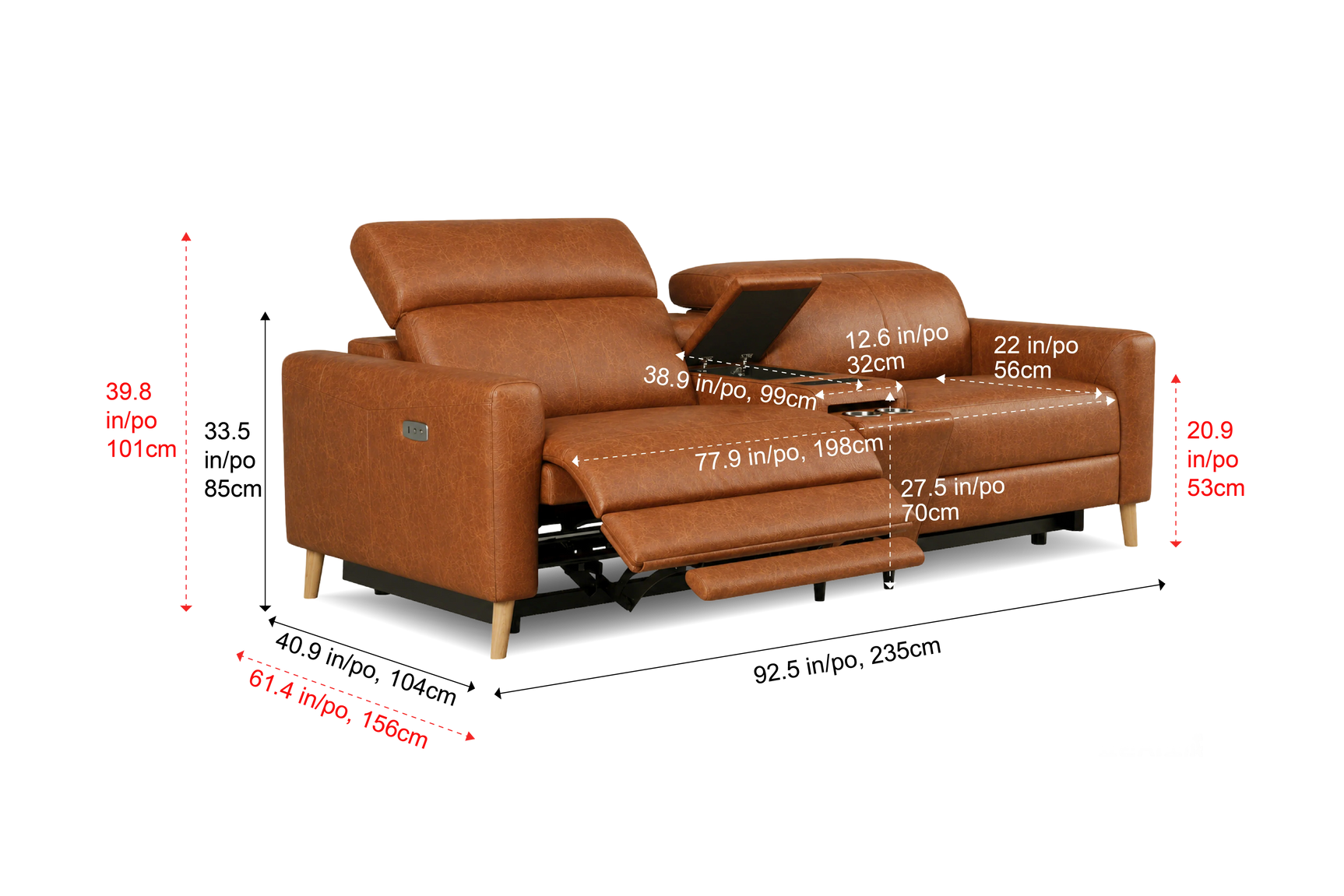 Elodie Distressed Italian Aniline Leather Dual Recliner Sofa with Console