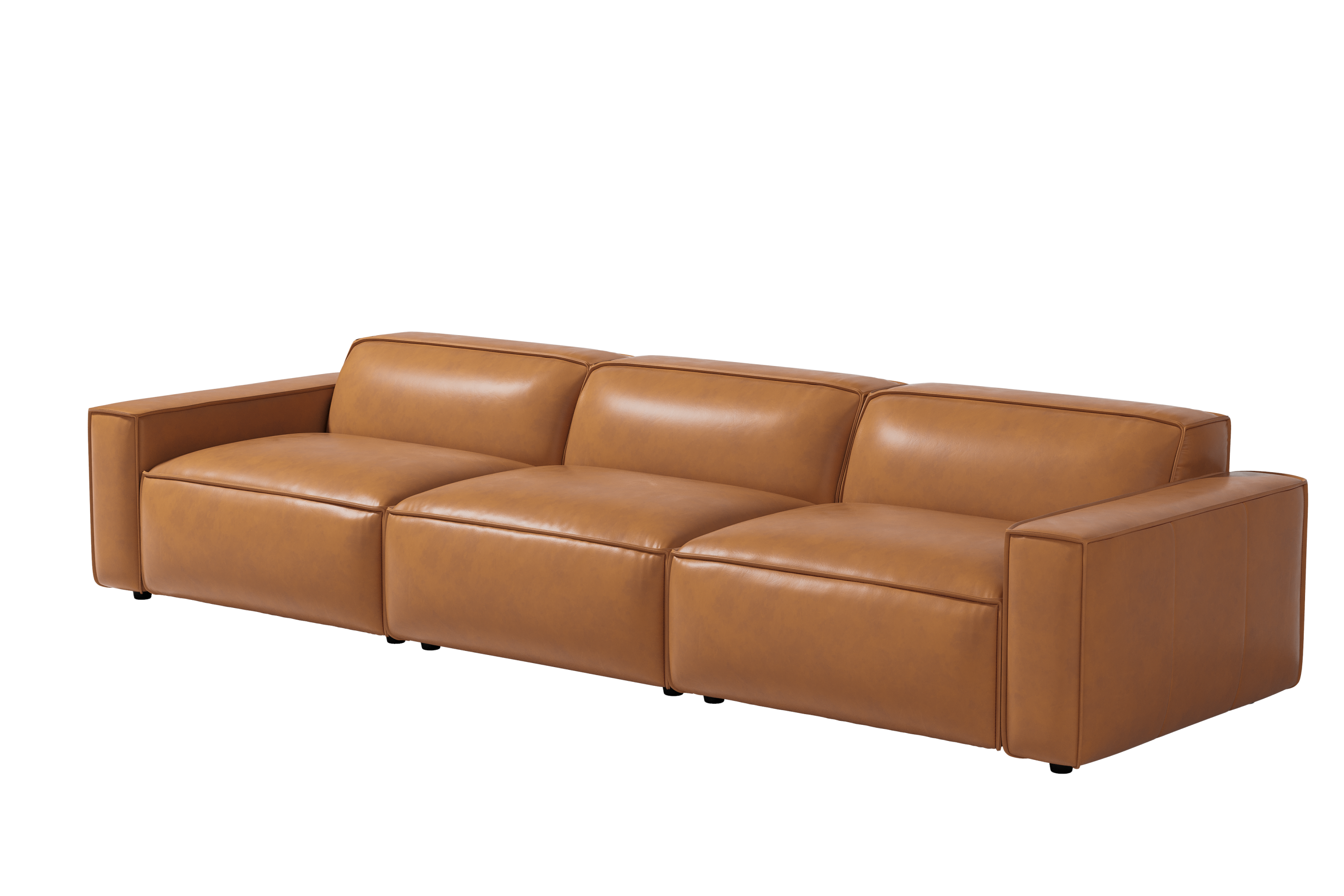 Valencia Nathan Full Aniline Leather Modular Sofa with Down Feather, Three Seats, Caramel Brown Color