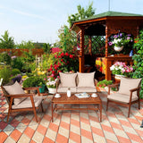4 Piece  Acacia Wood Patio Rattan Furniture Set
