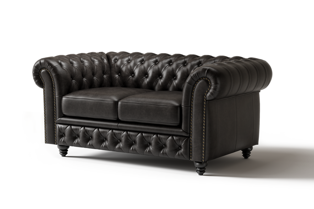 Valencia Parma 64" Full Aniline Leather Chesterfield Loveseat Sofa, Black Color