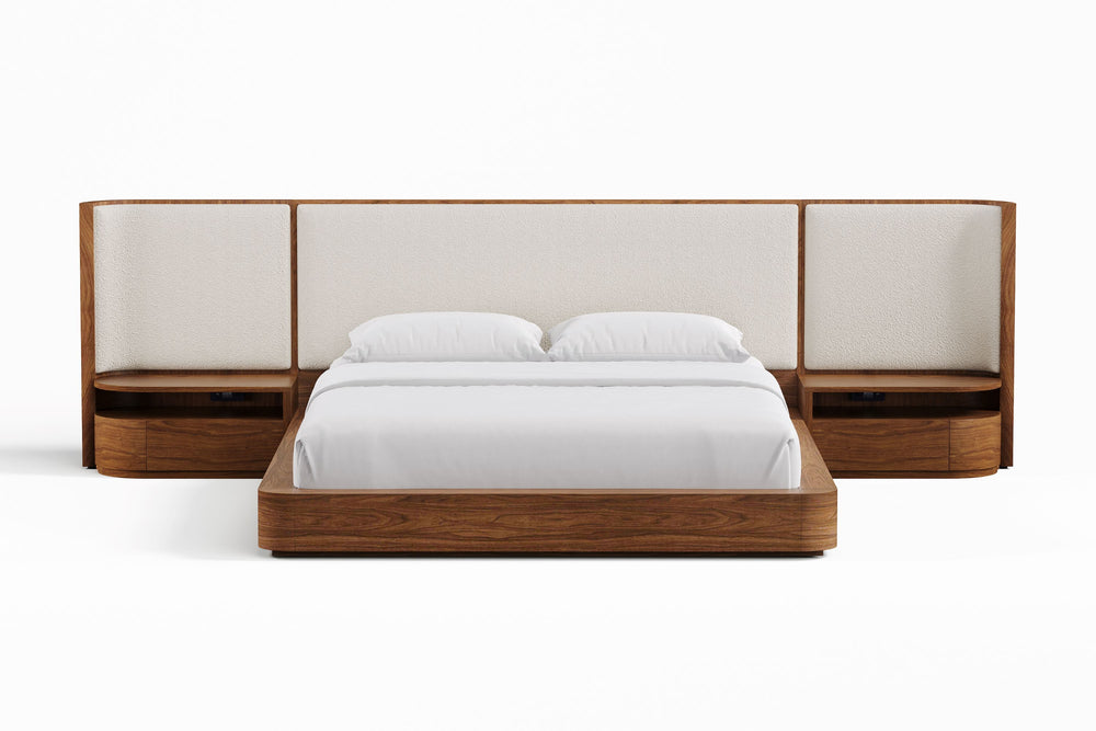 Valencia Gianna Queen Size Bed Frame With Nightstands, Natural Walnut Wood