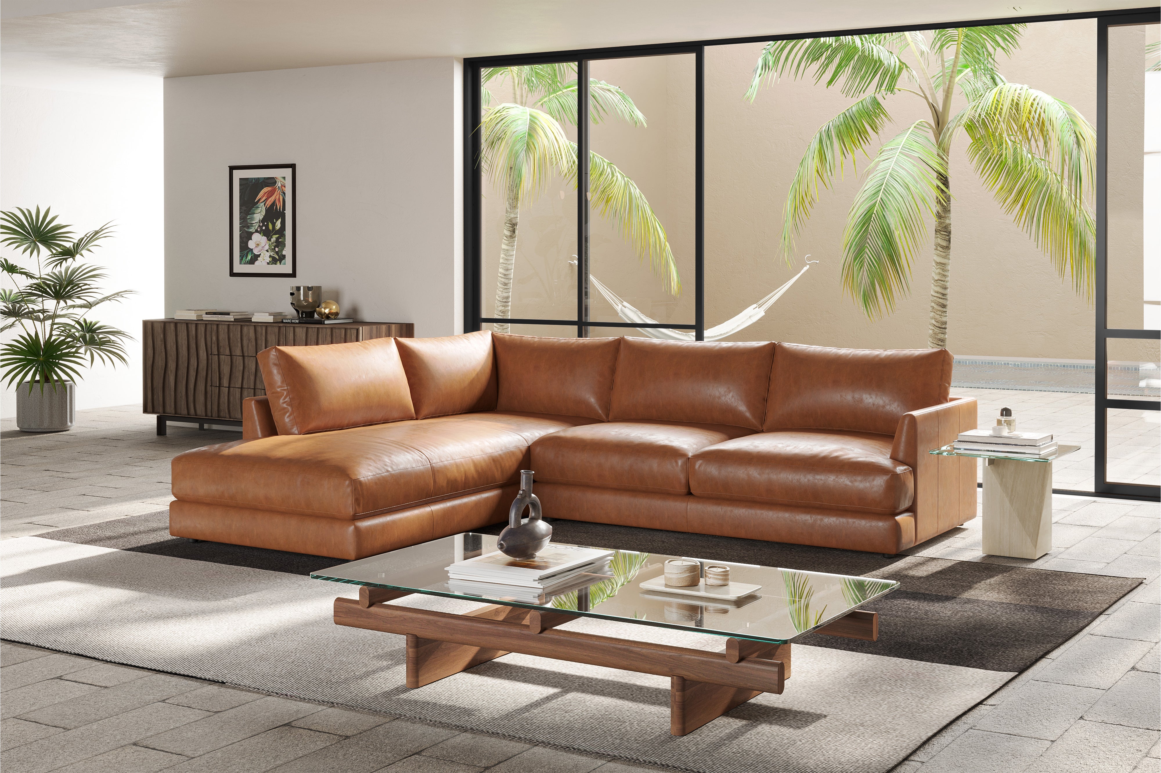 Valencia Serena Leather 2-Piece Left Bumper Chaise Sectional Sofa, Cognac