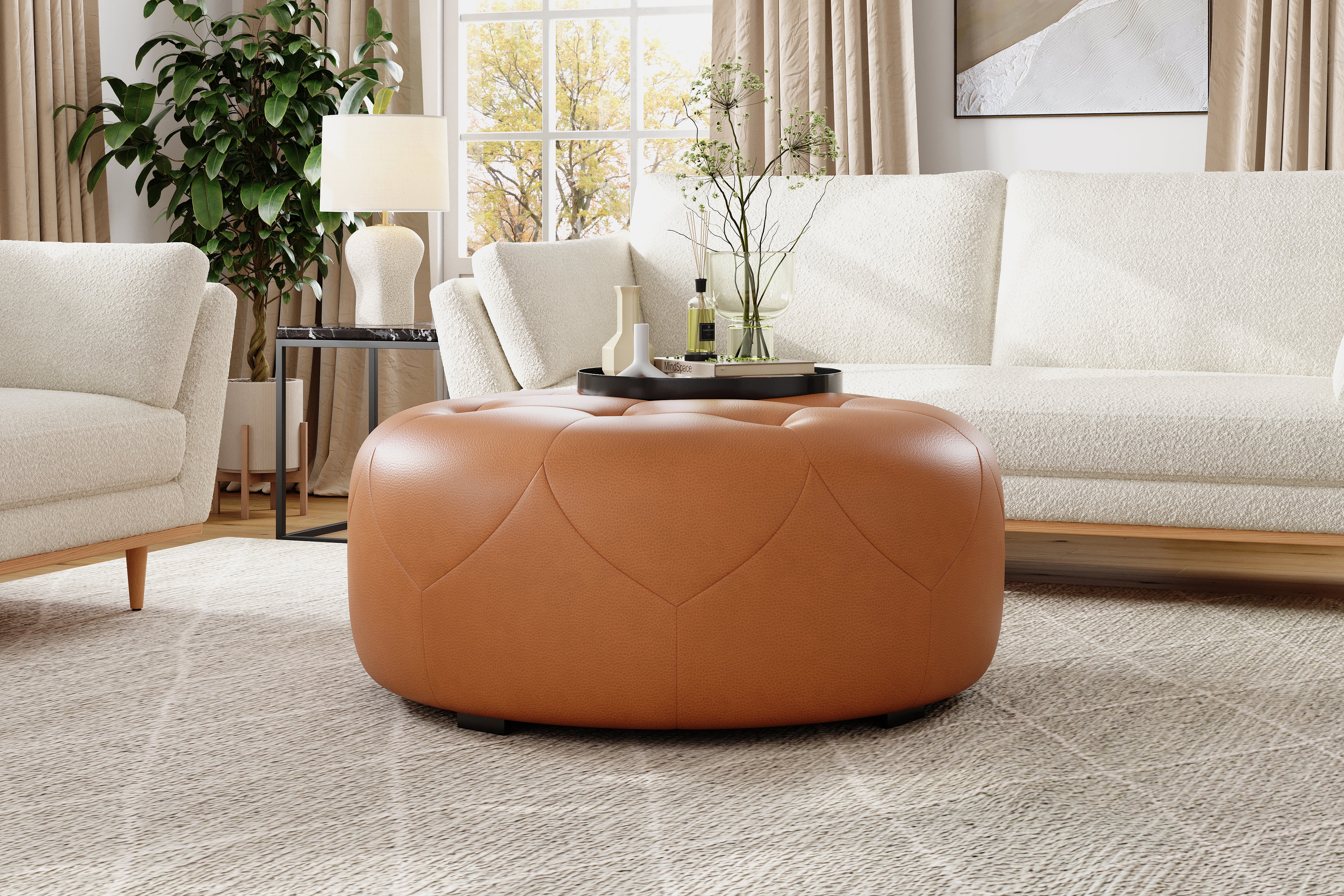 Valencia Brandy Round Full Leather Ottoman, Cognac