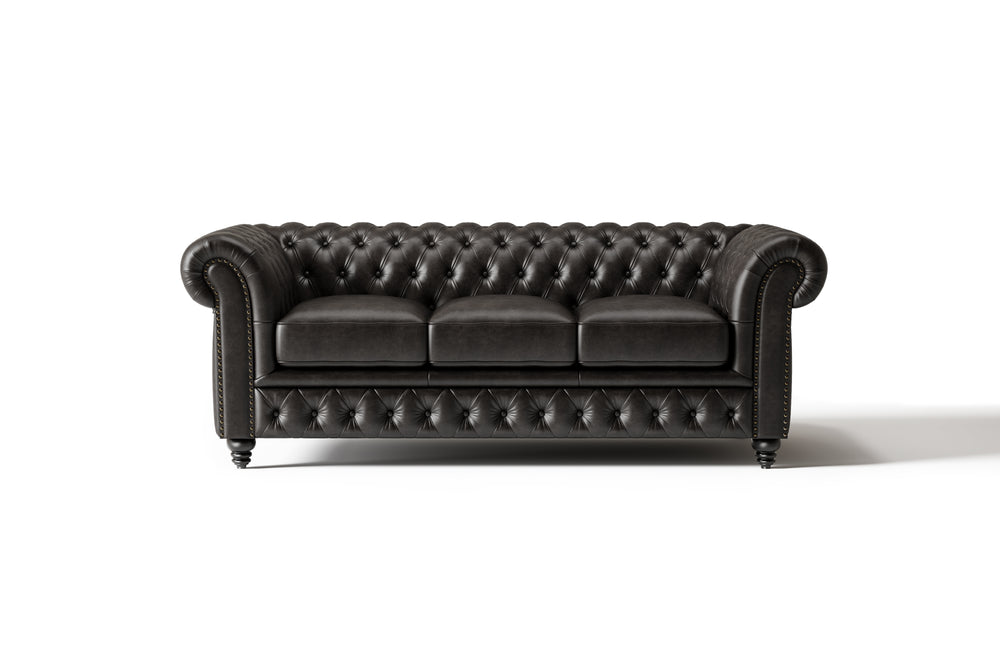 Valencia Parma 82" Full Aniline Leather Chesterfield Three Seats Sofa, Black