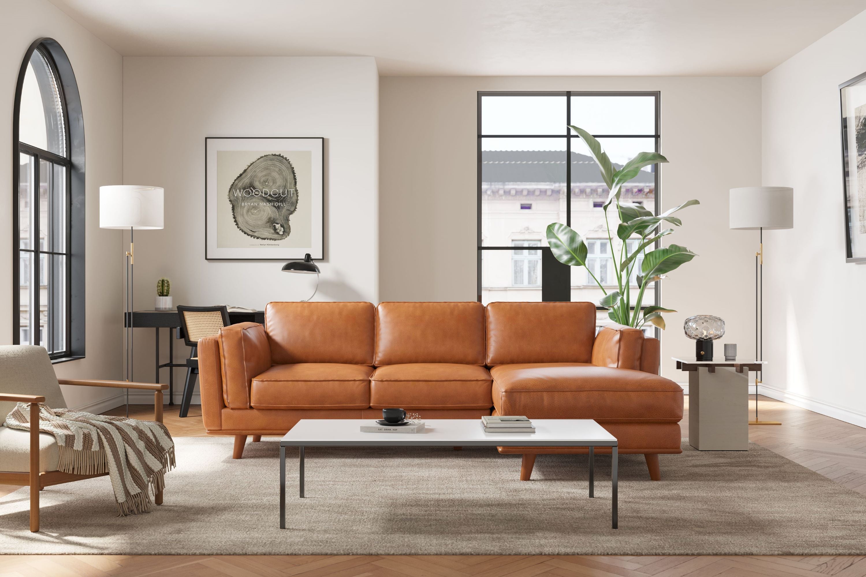 Valencia Artisan Top Grain Leather Three Seats with Right Chaise Leather Sofa, Cognac