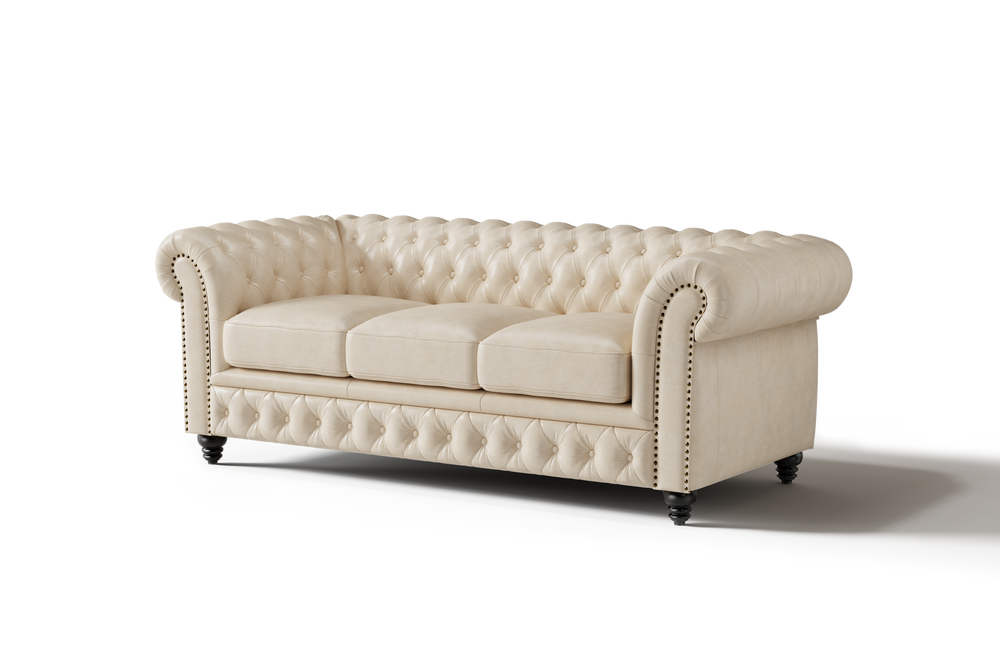 Valencia Parma 82" Full Aniline Leather Chesterfield Three Seats Sofa, Antique White