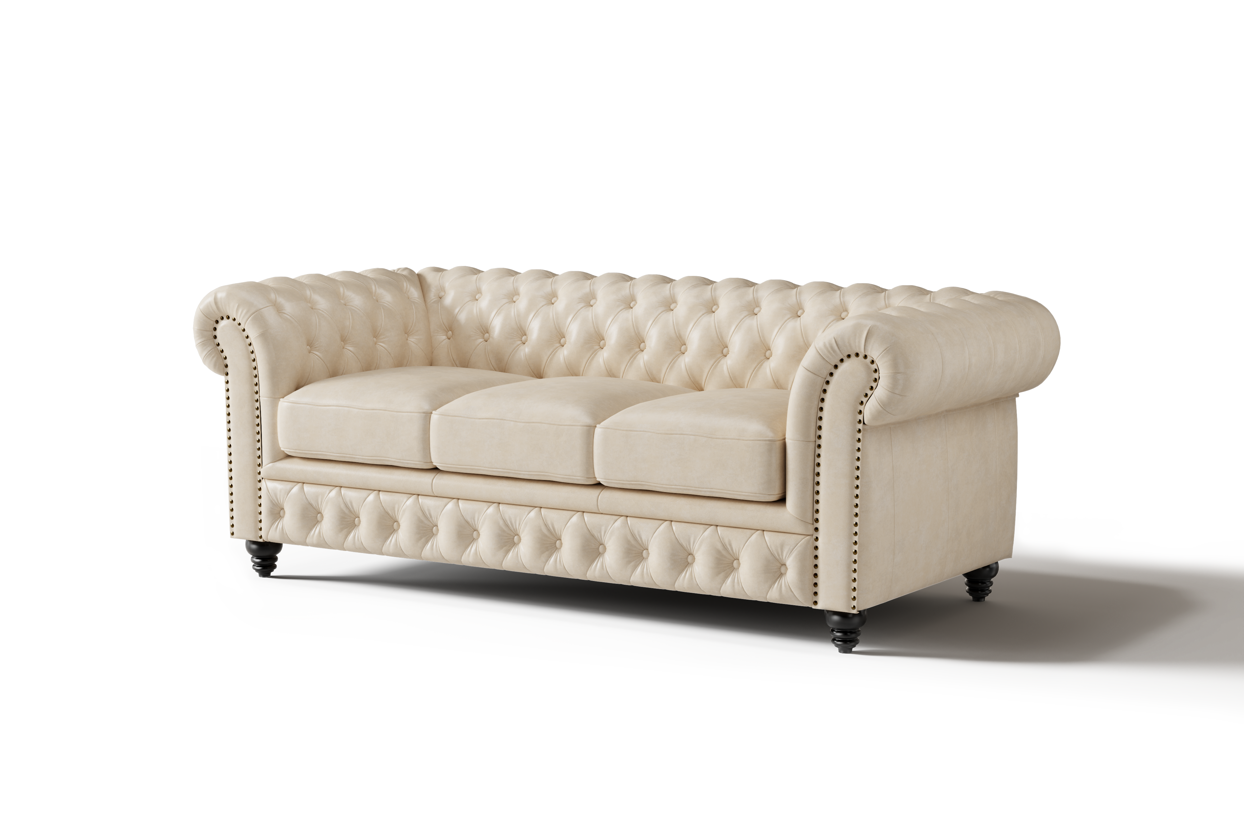 Valencia Parma 82" Full Aniline Leather Chesterfield Three Seats Sofa, Antique White