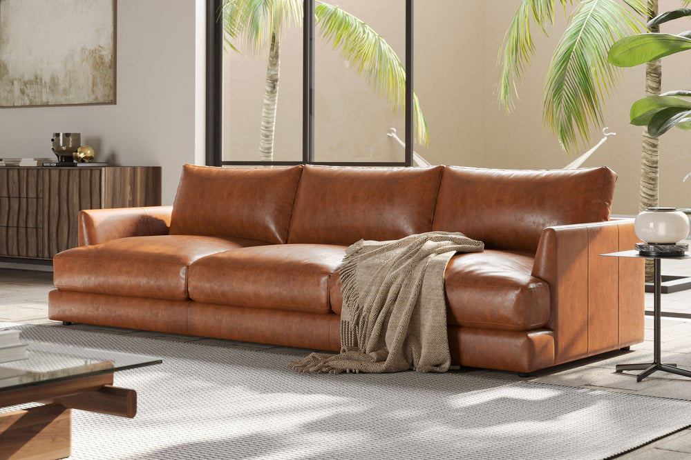 Valencia Serena Leather Three Seats Sectional Sofa, Cognac