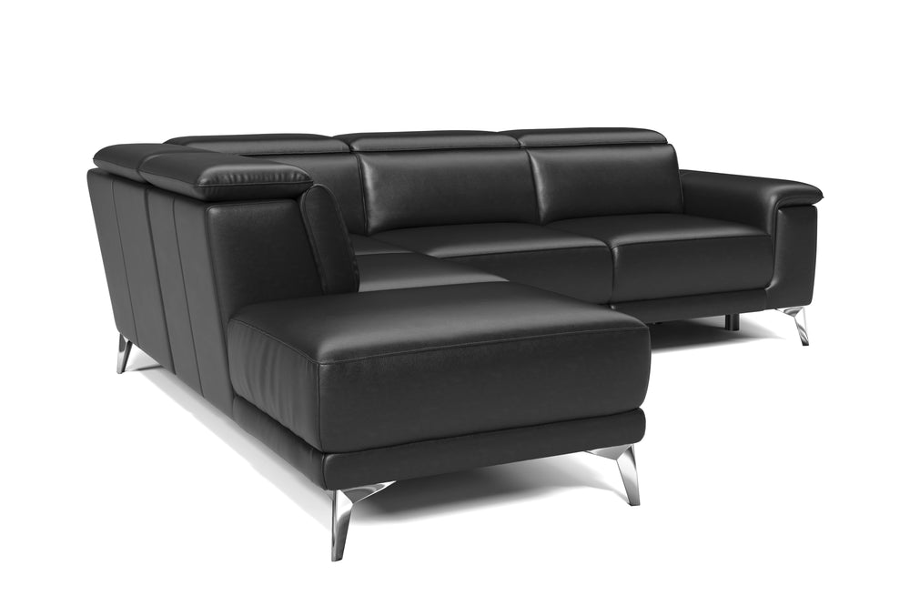Valencia Pista Modern Top Grain Leather Reclining Sectional Sofa with Left-Hand Facing Chaise, Black