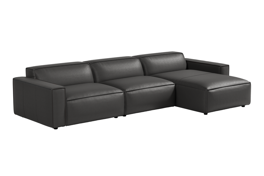 Valencia Nathan Full Aniline Leather Modular Sofa with Down Feather, Right Chaise, Black Color