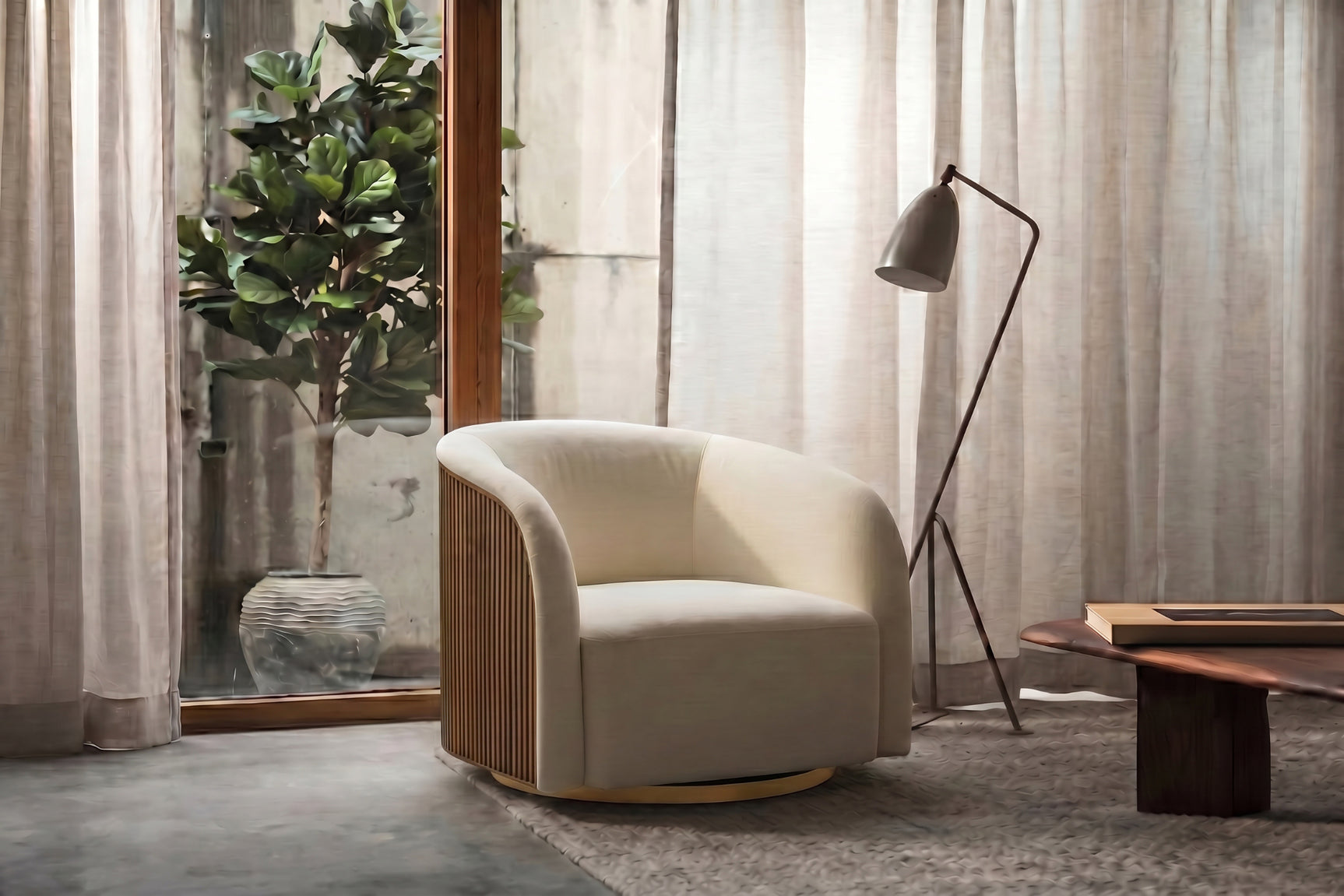 Rowan Oak Wood Fabric Swivel Chair