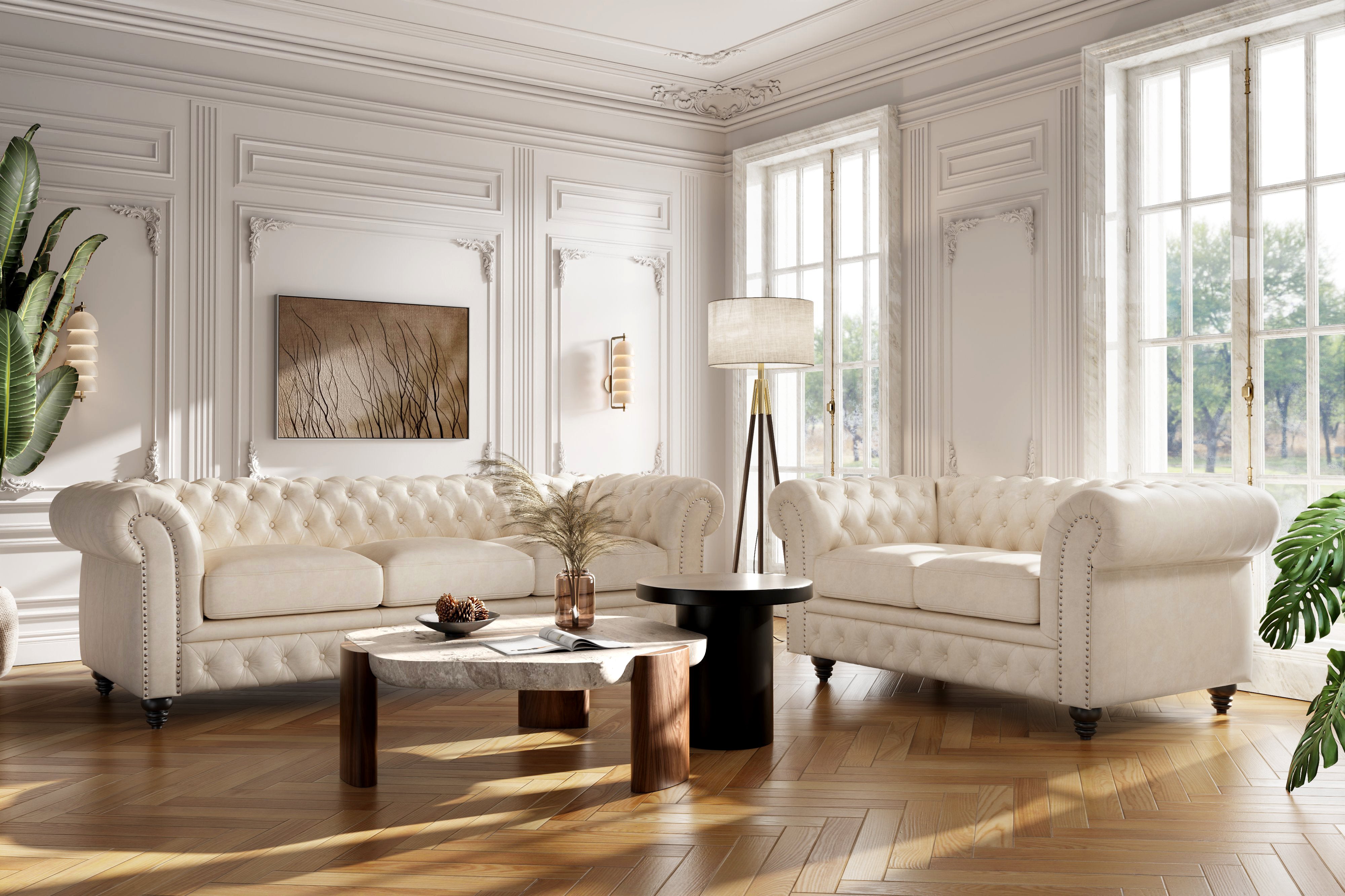 Valencia Parma 92" Full Aniline Leather Chesterfield Three Seats Sofa, Antique White