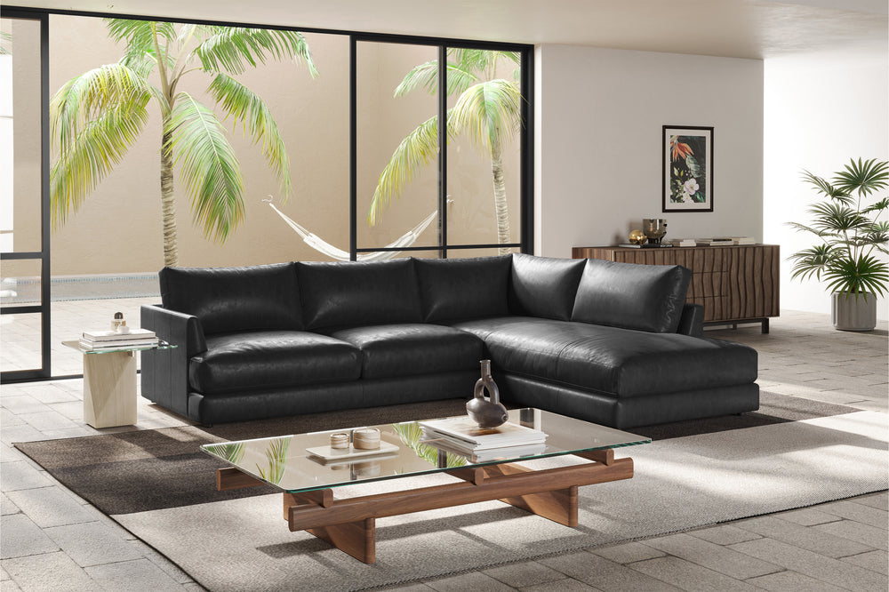 Valencia Serena Leather 2-Piece Right Bumper Chaise Sectional Sofa, Black