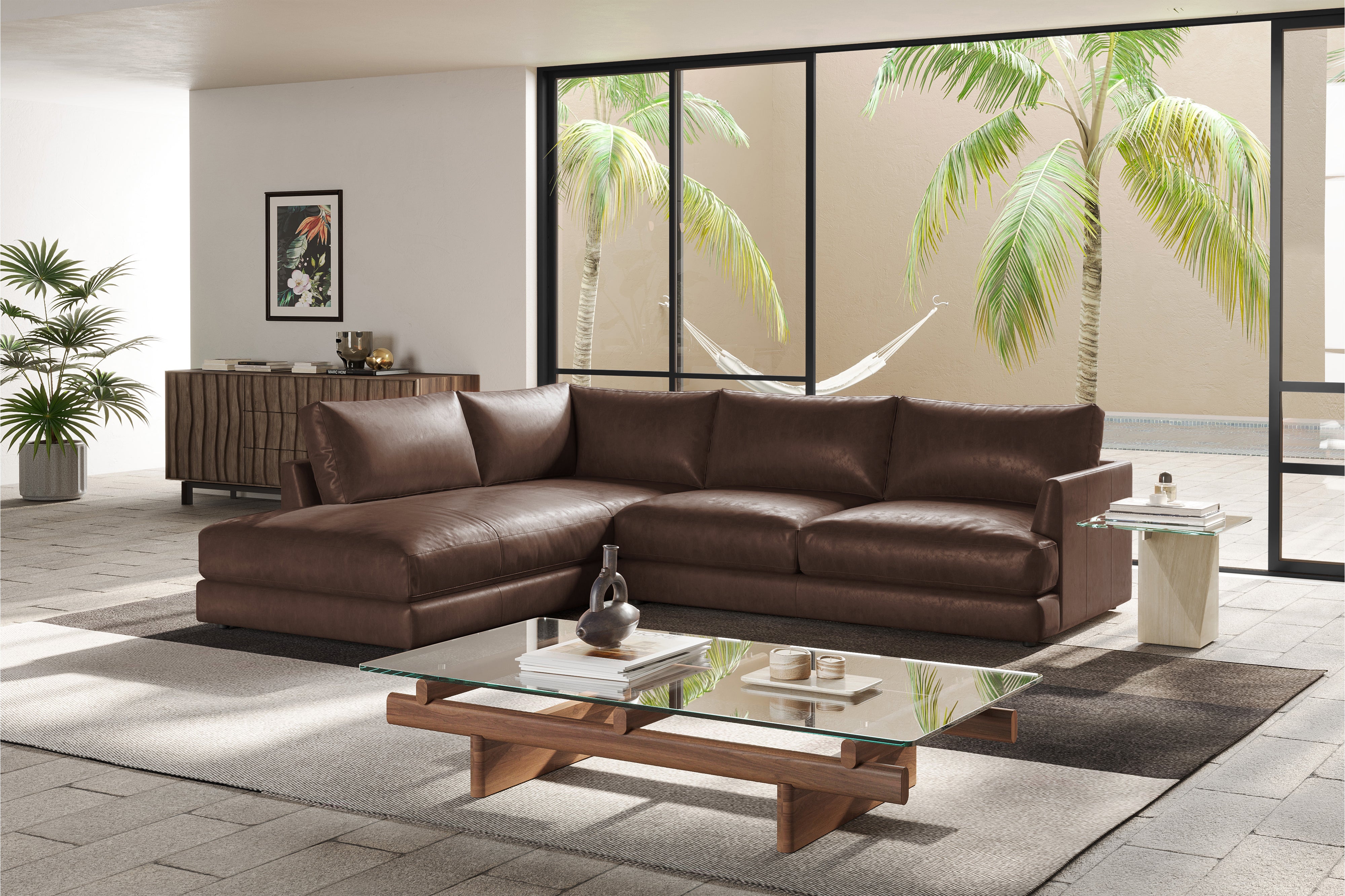 Valencia Serena Leather 2-Piece Left Bumper Chaise Sectional Sofa, Brown