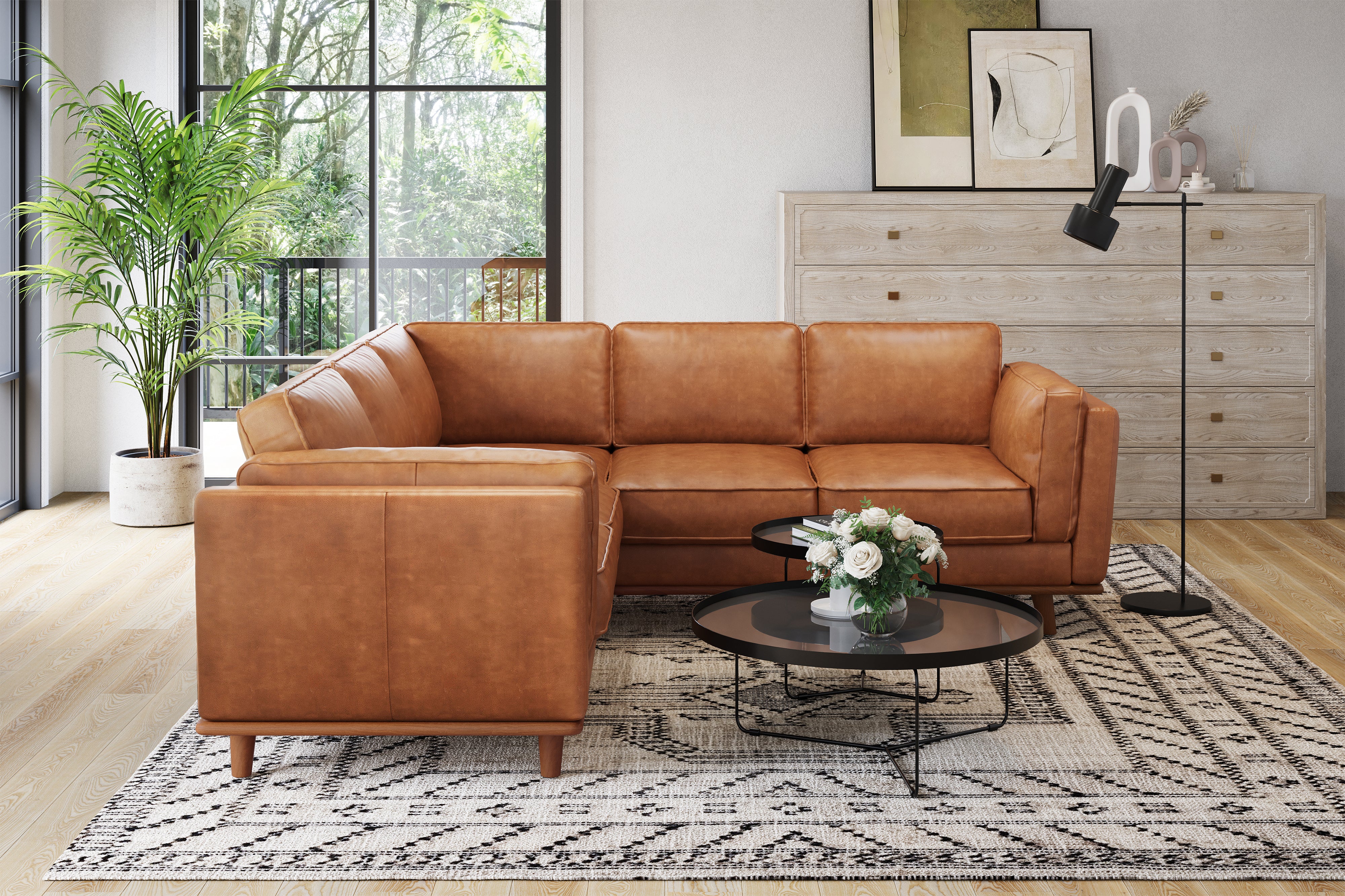 Valencia Artisan L-Shape Corner Leather Sectional Sofa, Cognac