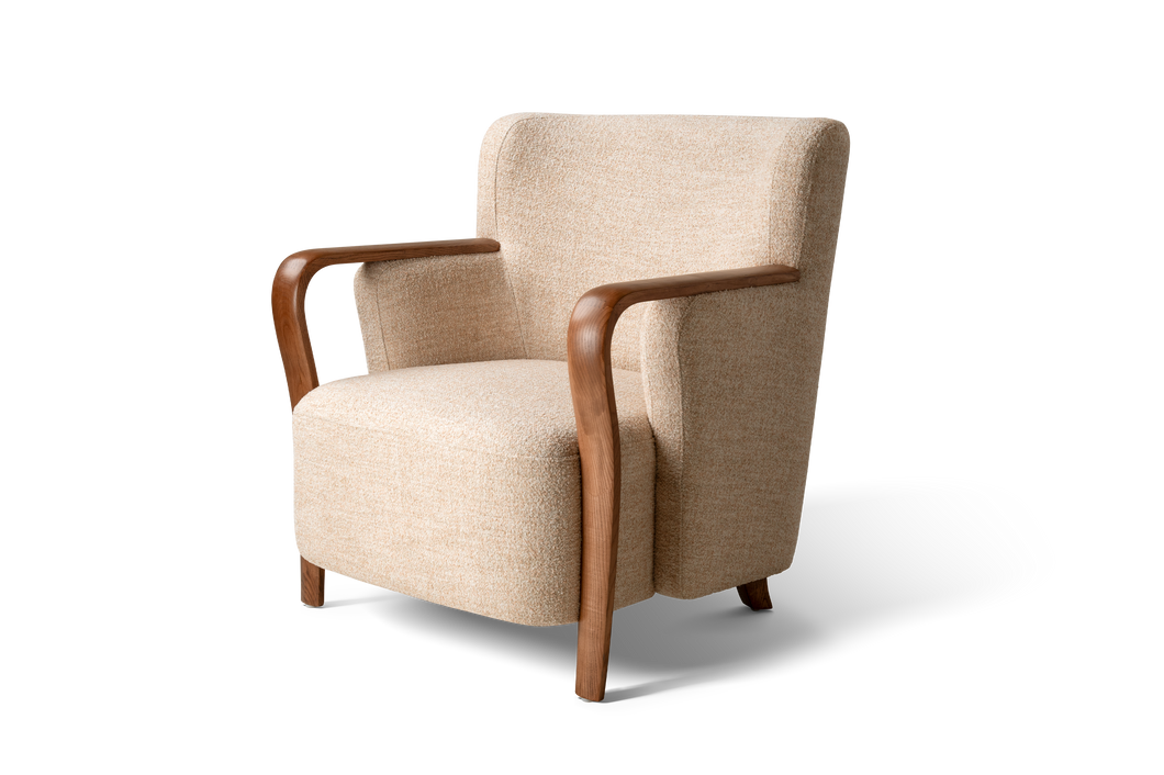 Valencia Emma Fabric Accent Chair with Walnut Wood Armrest, Warm Beige