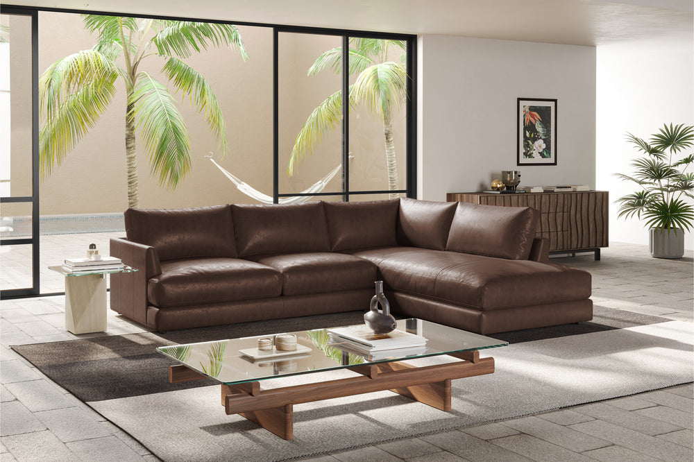 Valencia Serena Leather L-Shape with 2-Piece Right Bumper Chaise Sectional Sofa, Brown