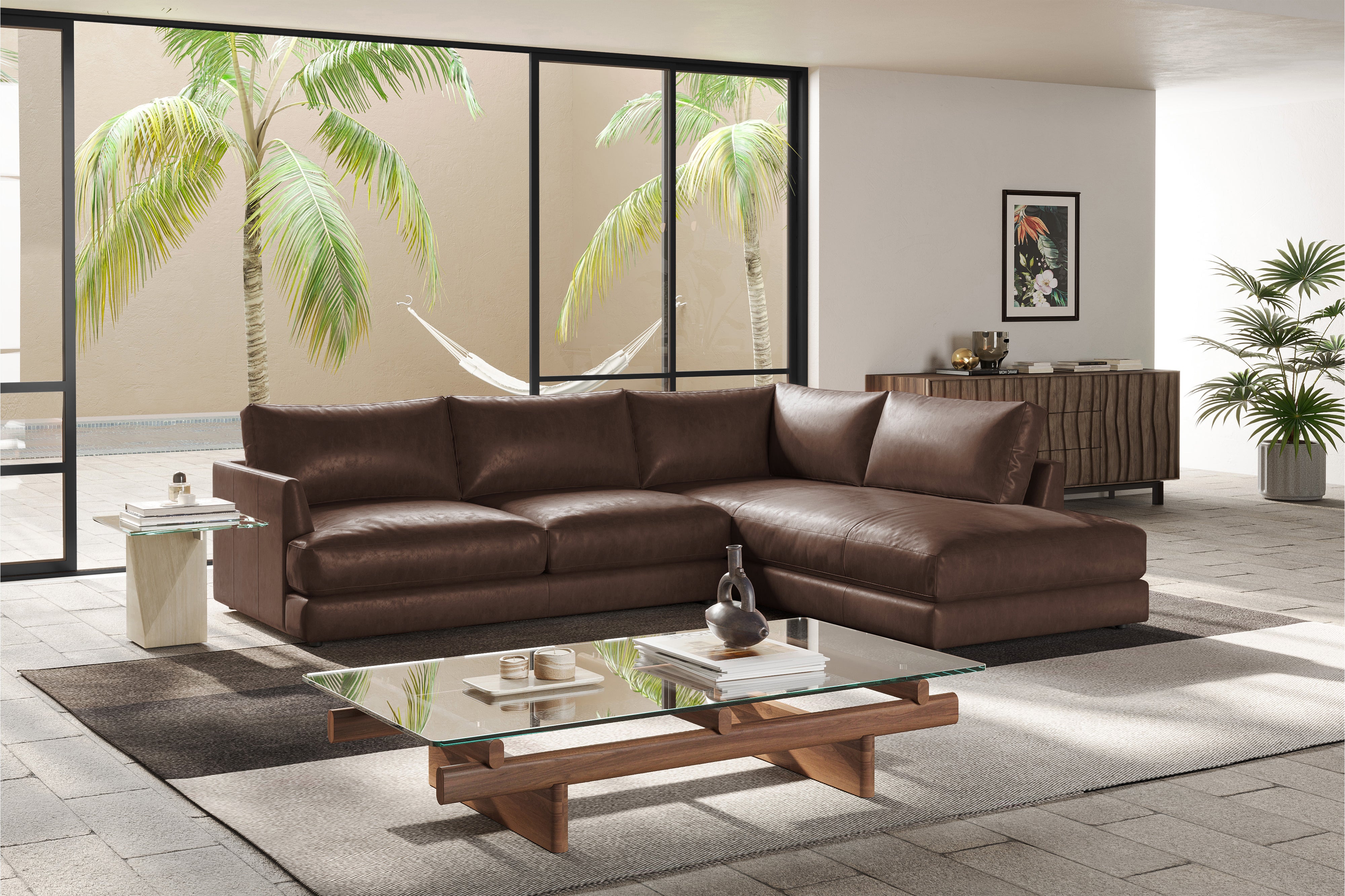 Valencia Serena Leather 2-Piece Right Bumper Chaise Sectional Sofa, Brown