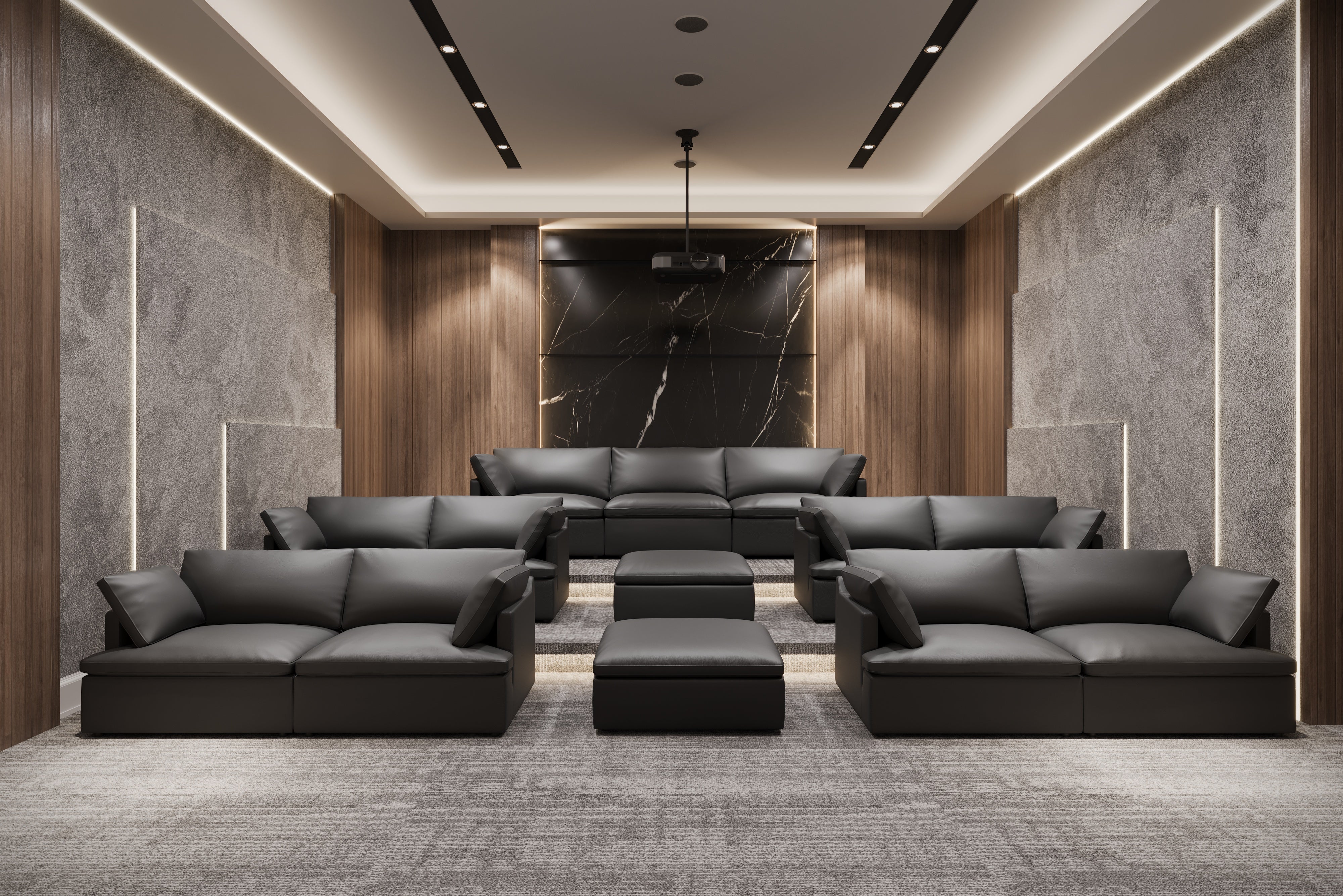 Valencia Isola Cloud Top Grain Leather Theater Lounge Modular Sofa Three Seats and 2 Ottomans, Black Color