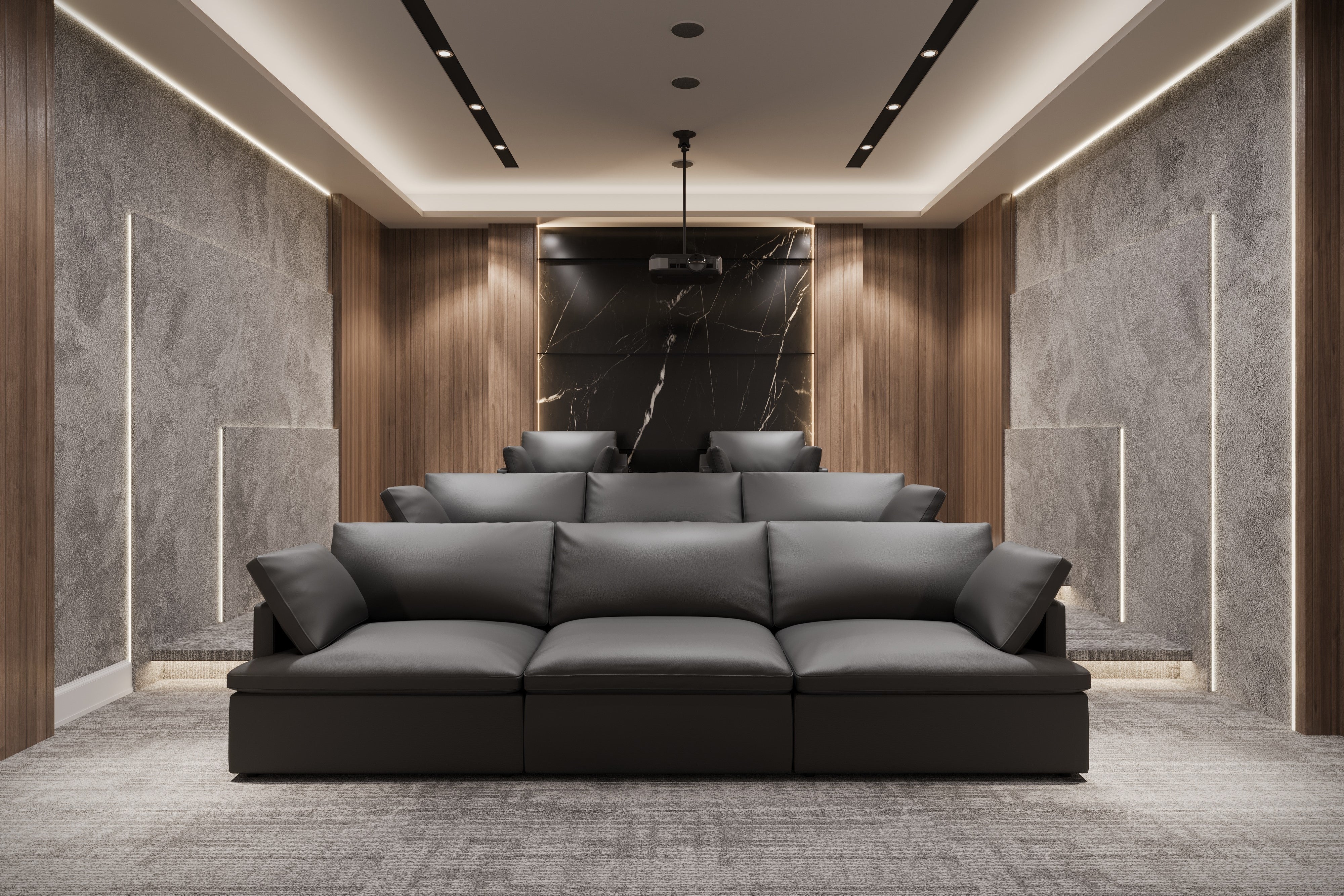 Valencia Isola Cloud Top Grain Leather Theater Lounge Modular Sofa Three Seats, Black Color