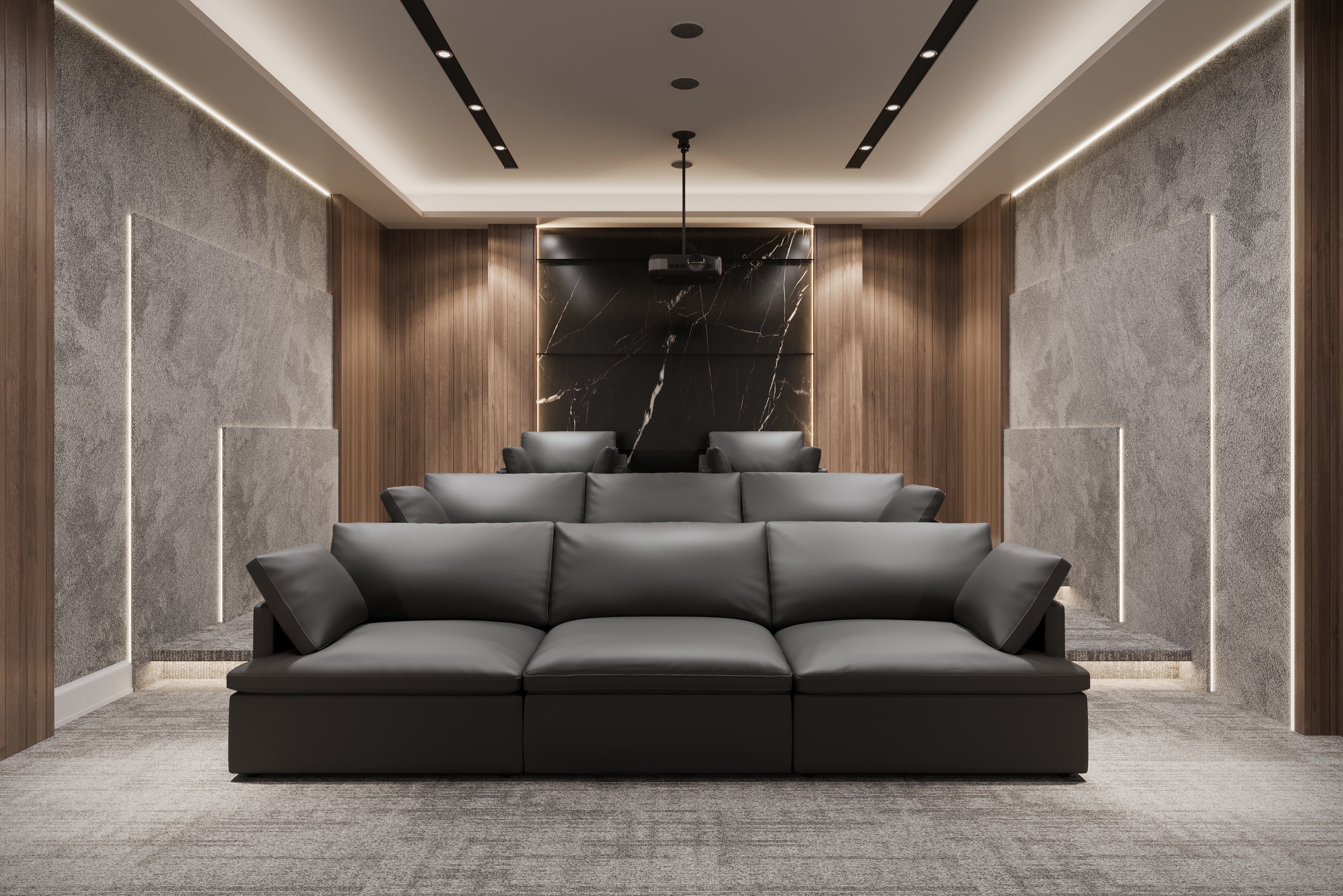 Valencia Isola Cloud Top Grain Leather Theater Lounge Modular Sofa Three Seats and 2 Ottomans, Black Color