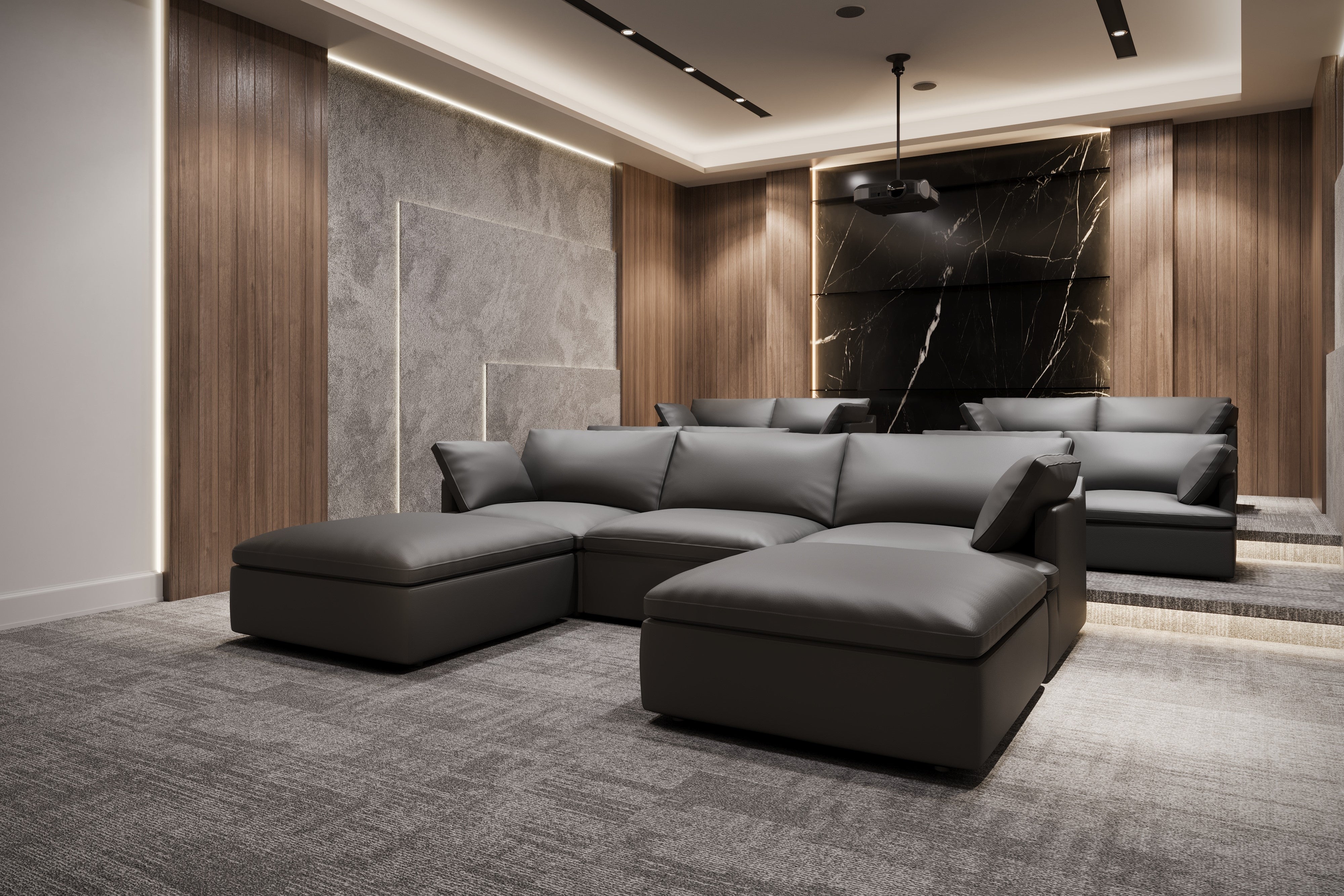 Valencia Isola Cloud Top Grain Leather Theater Lounge Modular Sofa Three Seats and 2 Ottomans, Black Color