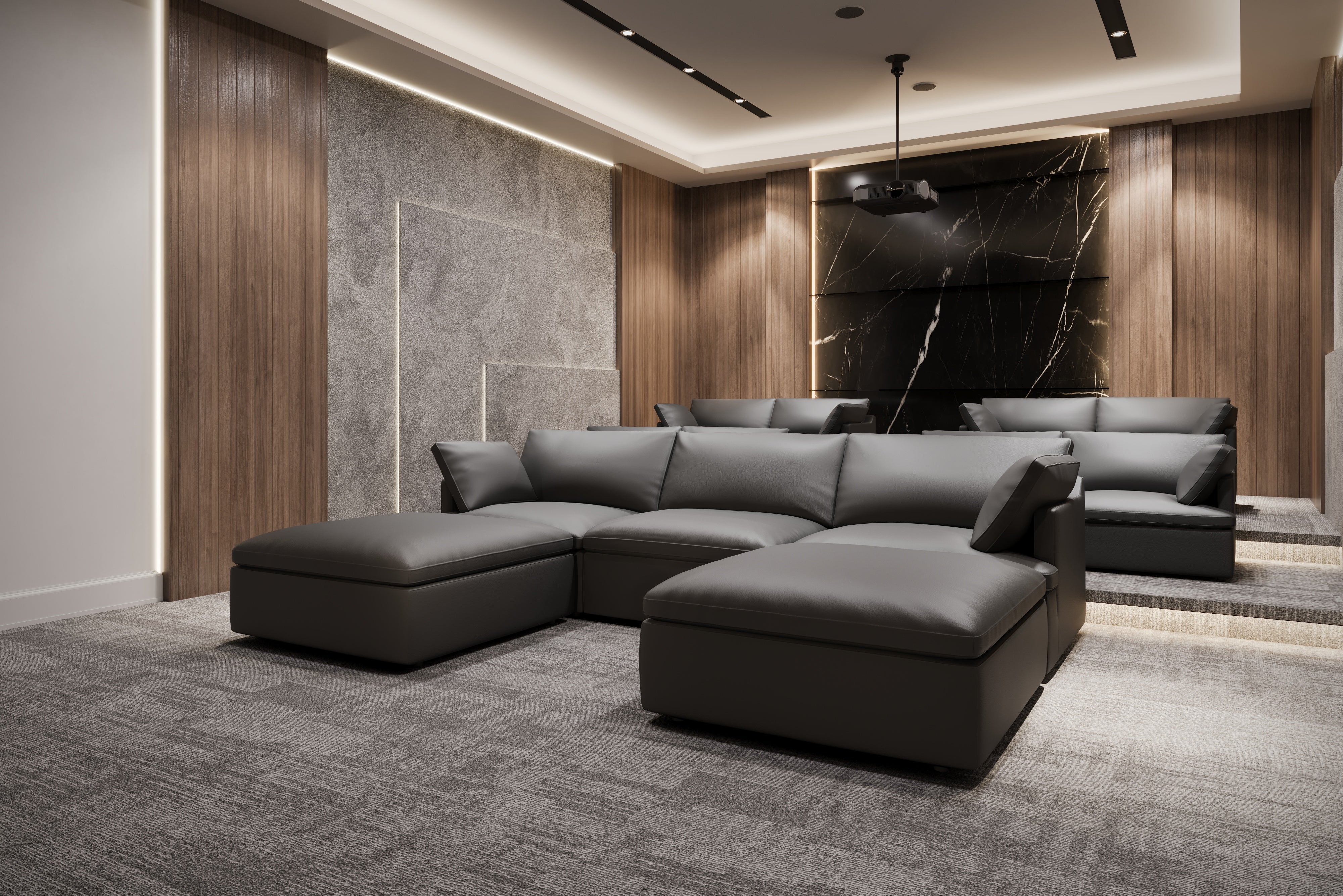 Valencia Isola Cloud Top Grain Leather Theater Lounge Modular Sofa Three Seats and 2 Ottomans, Black Color