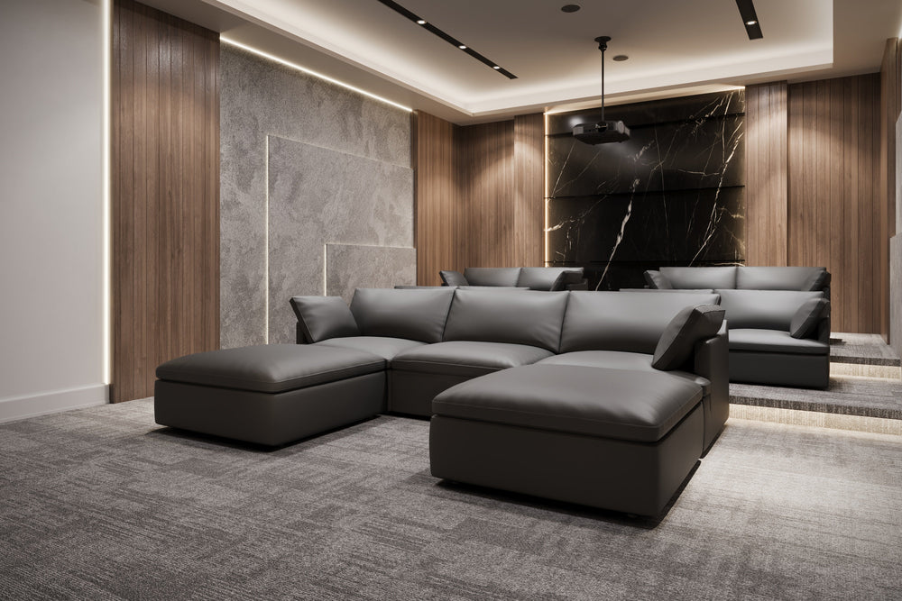 Valencia Isola Cloud Top Grain Leather Theater Lounge Modular Sofa Left Arm Piece, Black Color