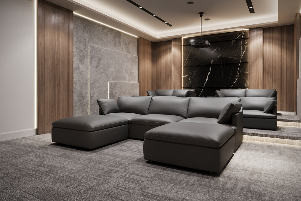 Valencia Isola Cloud Top Grain Leather Theater Lounge Modular Sofa Loveseat and 2 Ottomans, Black Color