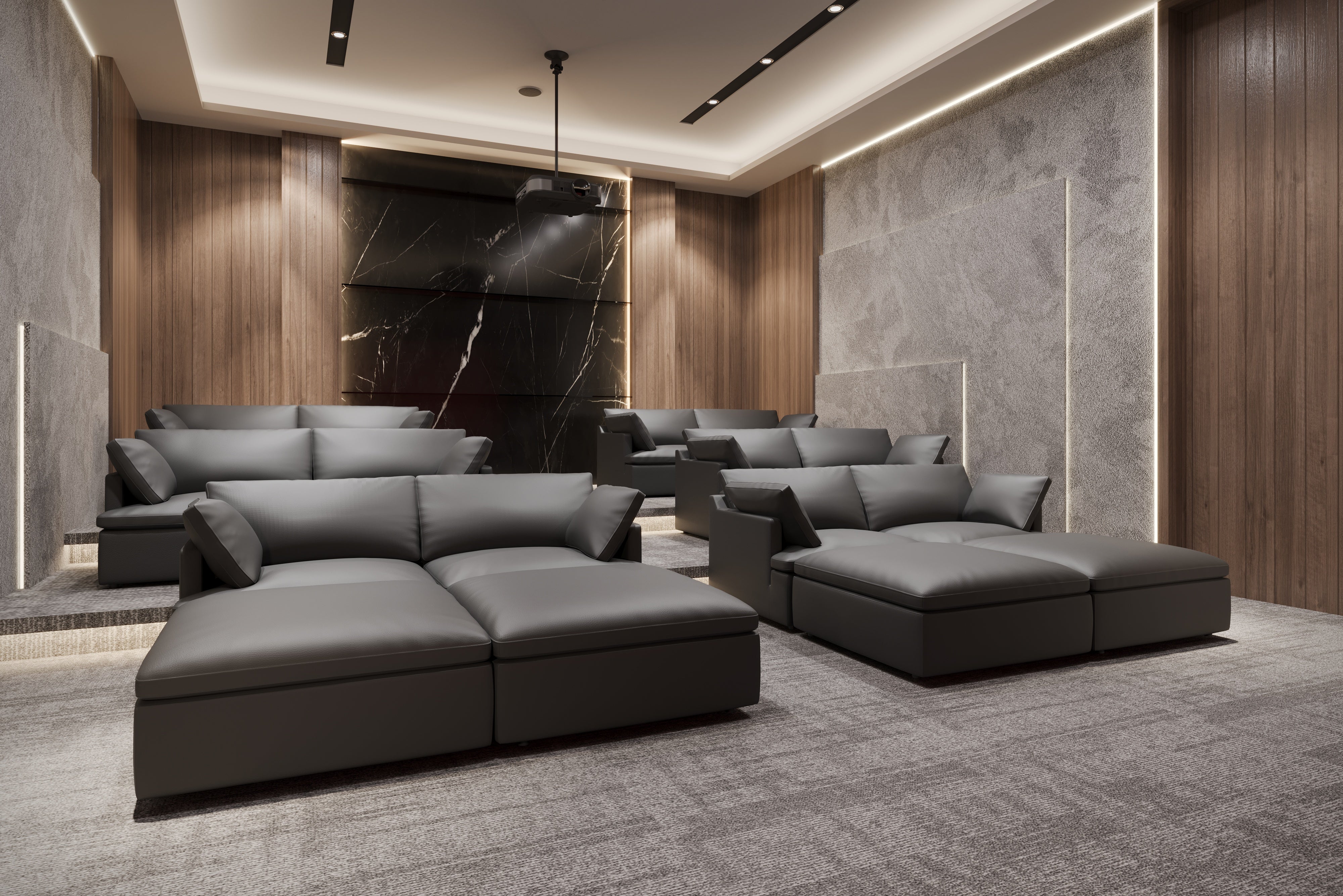 Valencia Isola Cloud Top Grain Leather Theater Lounge Modular Sofa Three Seats and 2 Ottomans, Black Color