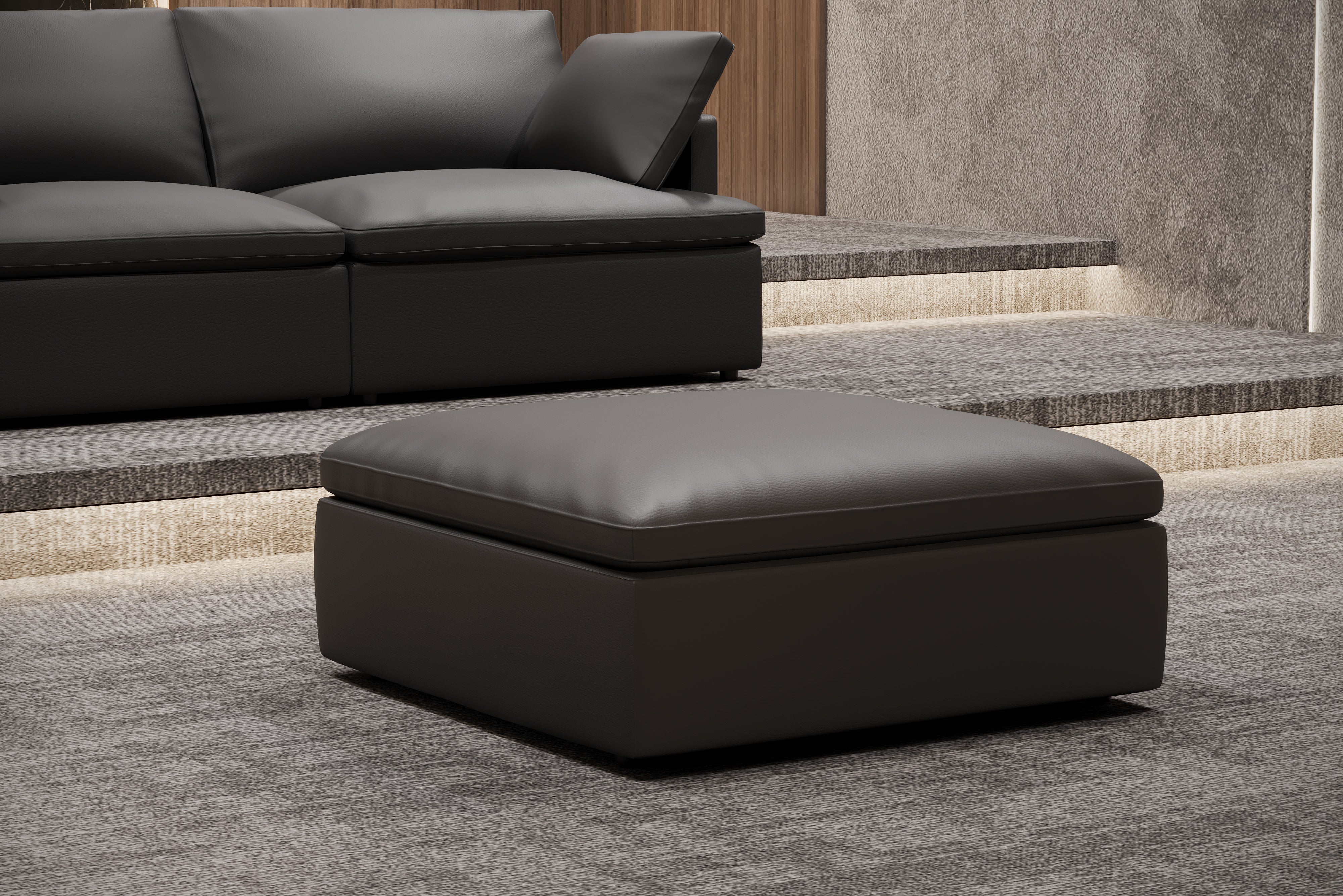 Valencia Isola Cloud Top Grain Leather Theater Lounge Modular Sofa Three Seats and 2 Ottomans, Black Color