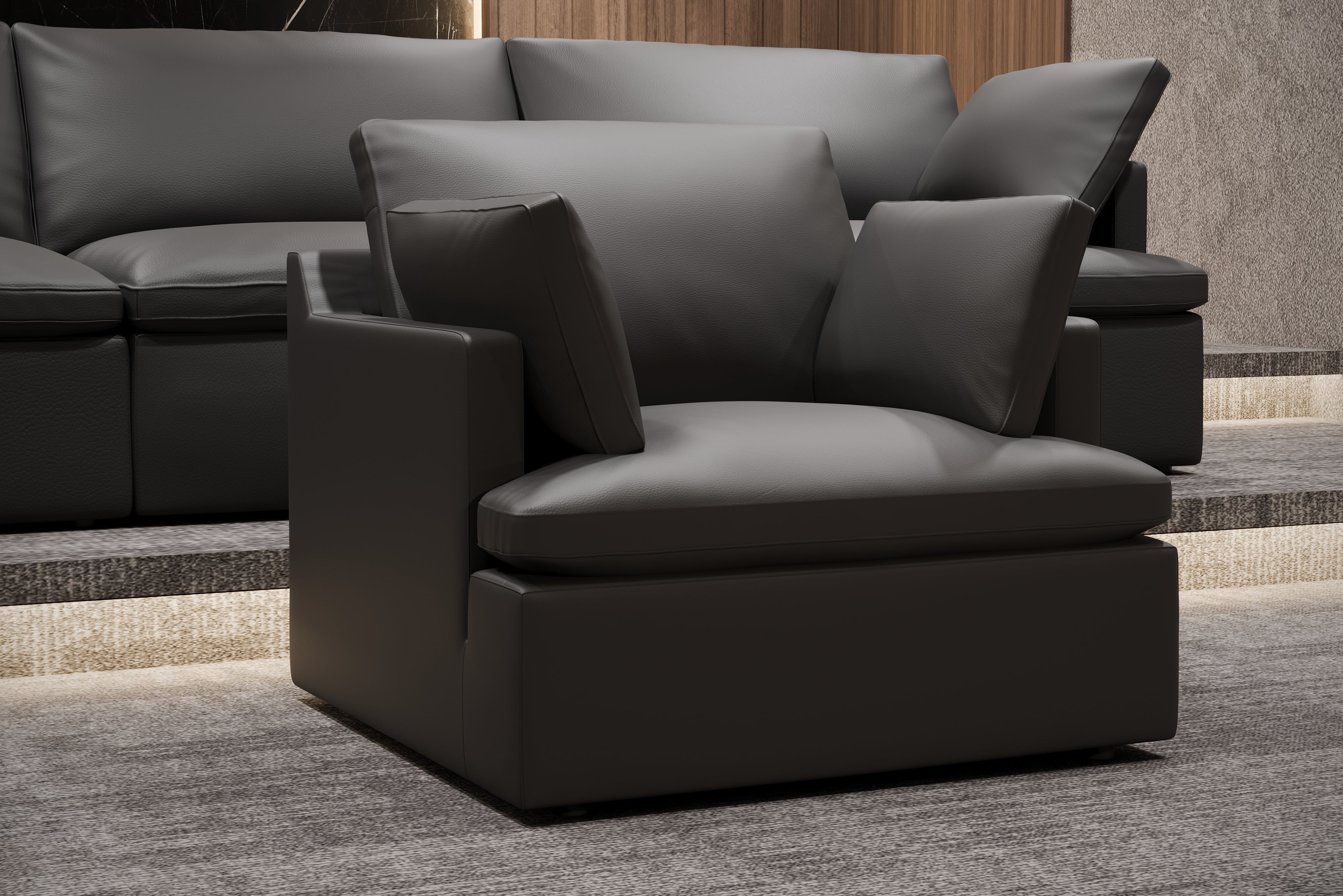 Valencia Isola Cloud Top Grain Leather Theater Lounge Modular Sofa Three Seats and 2 Ottomans, Black Color