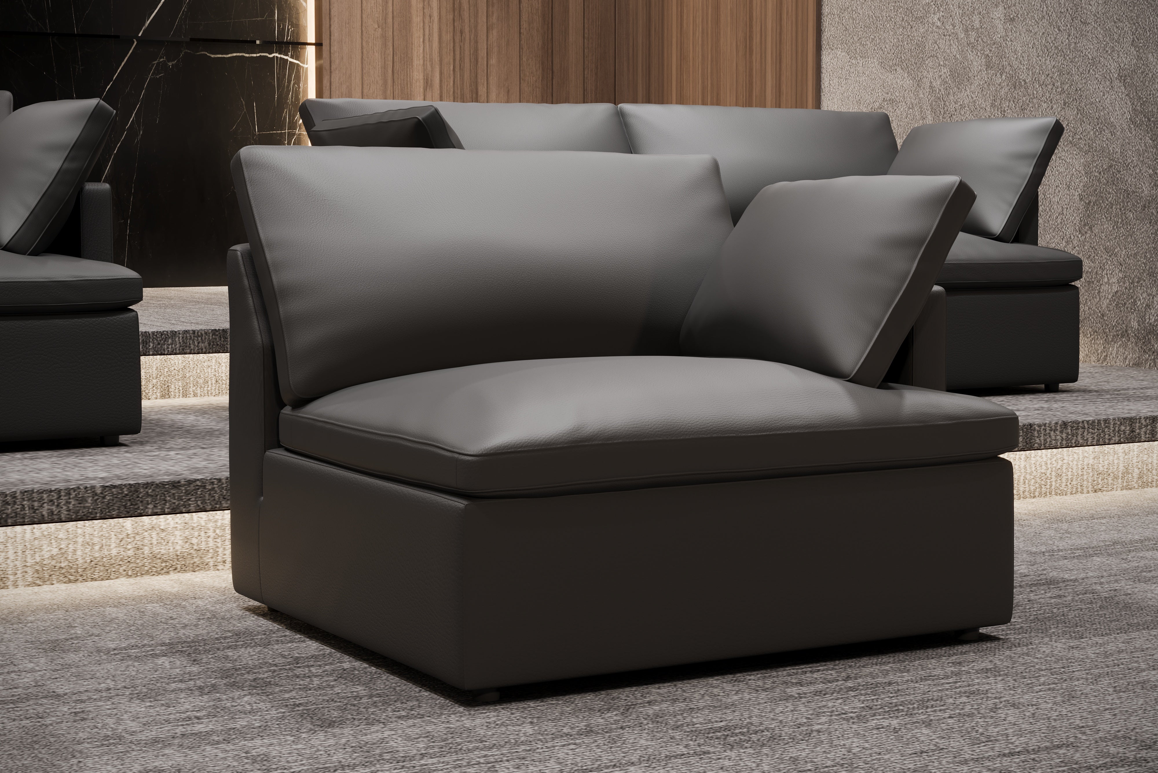 Valencia Isola Cloud Top Grain Leather Theater Lounge Modular Sofa Three Seats and 2 Ottomans, Black Color