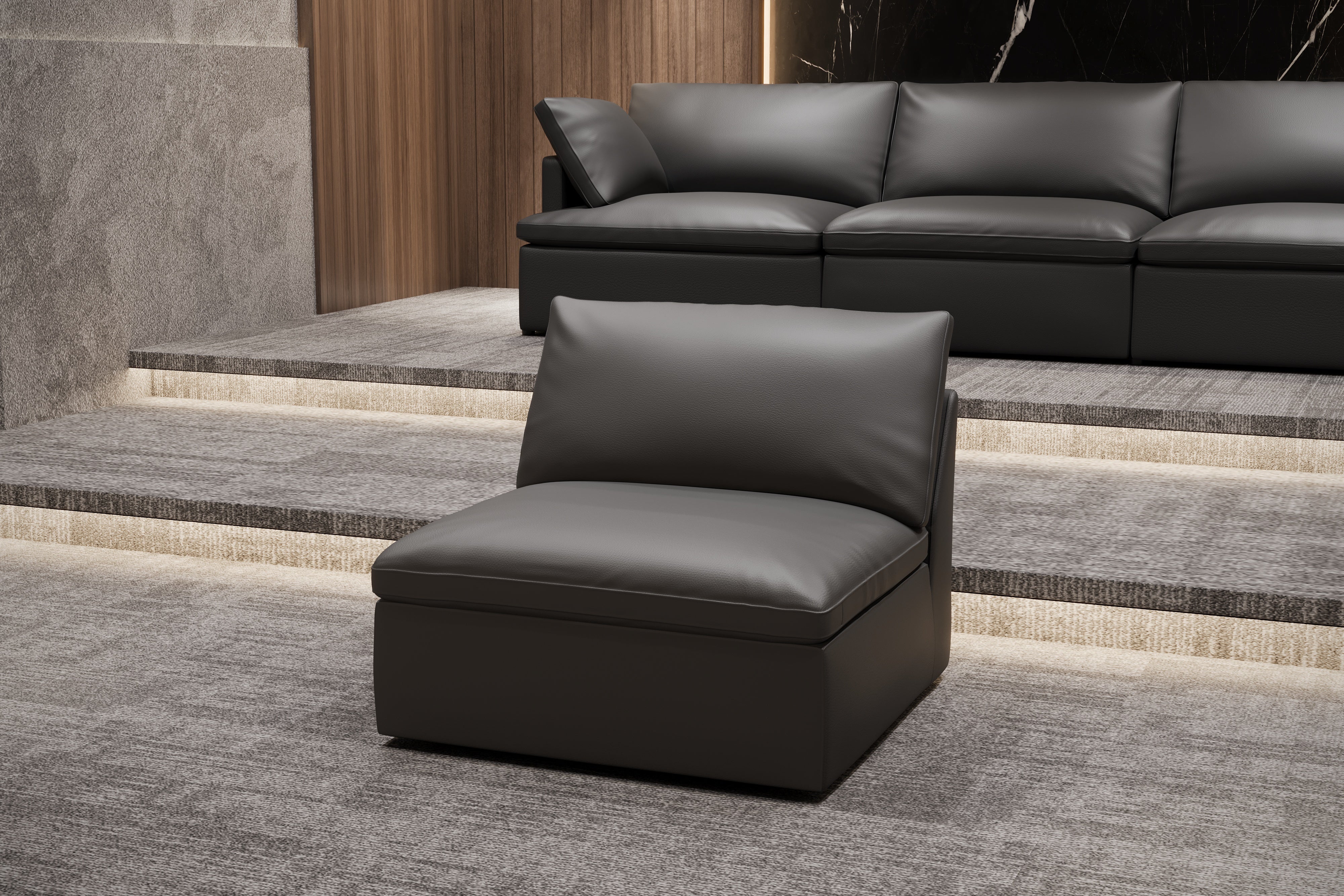 Valencia Isola Cloud Top Grain Leather Theater Lounge Modular Sofa Three Seats and 2 Ottomans, Black Color