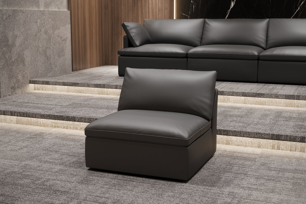 Valencia Isola Cloud Top Grain Leather Theater Lounge Modular Sofa L Shape, Black Color